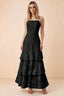 Front studio view of Bonnie black floral lace maxi dress with thin straps and three ruffle tiers