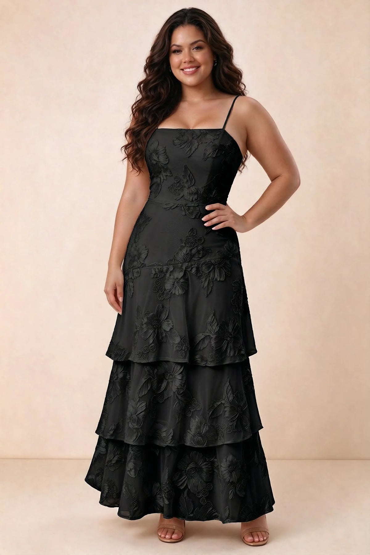 Front studio view of Bonnie black maxi dress showing the straight neckline and floral layers
