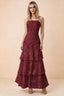 Front studio view of Bonnie burgundy floral lace maxi dress with thin straps and three ruffle tiers