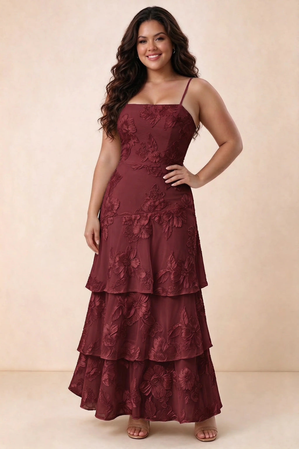 Front studio view of Bonnie burgundy maxi dress showing the straight neckline and floral layers