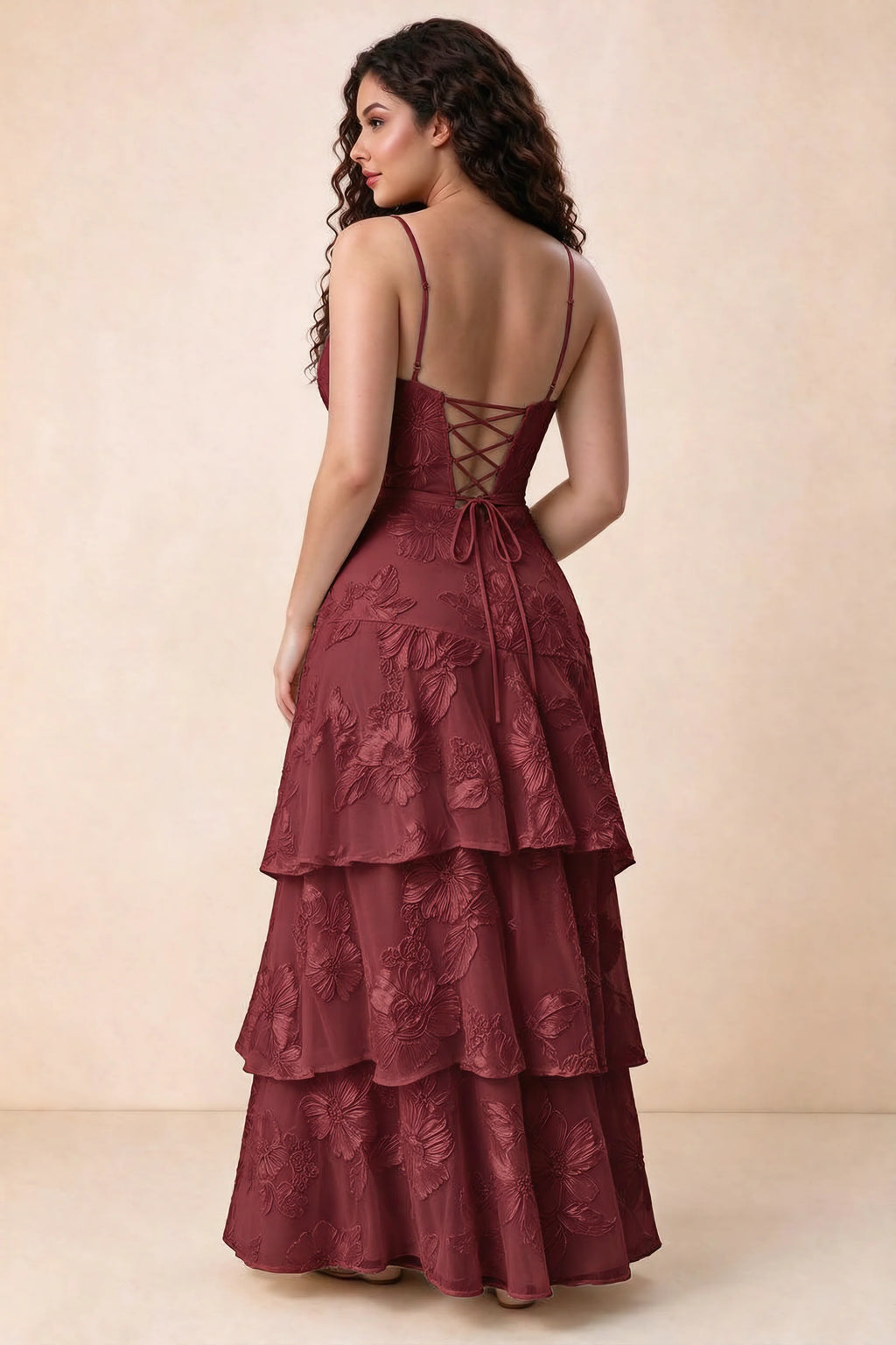 Rear studio view of Bonnie burgundy dress showing three overlapping tiers and an ankle-length hem