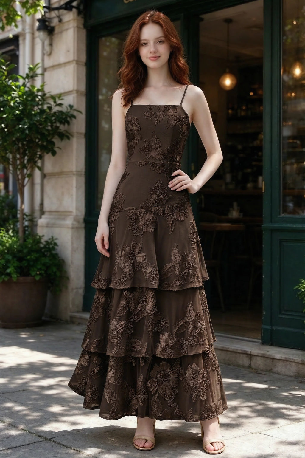 Outdoor front view of Bonnie chocolate floral ruffle dress outside a cafe