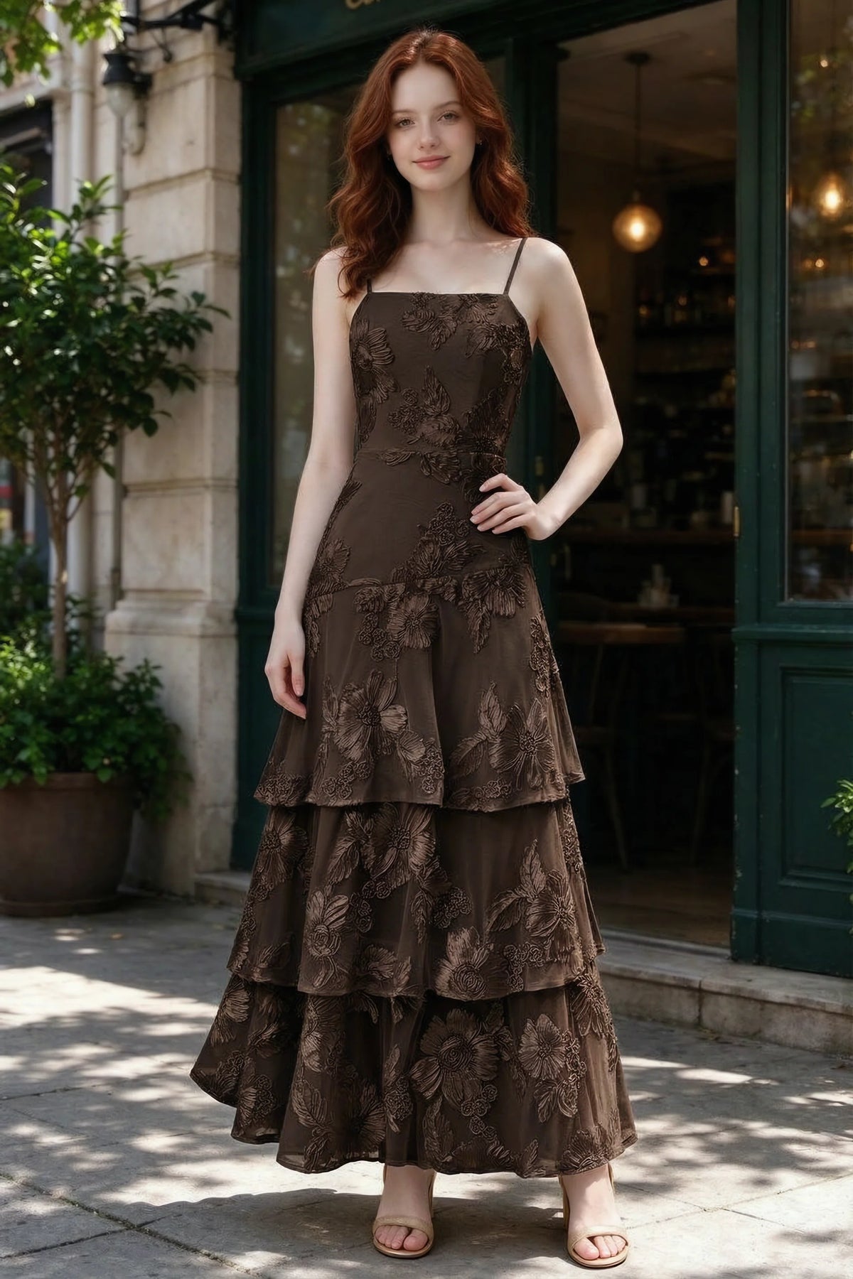 Outdoor front view of Bonnie chocolate floral ruffle dress outside a cafe