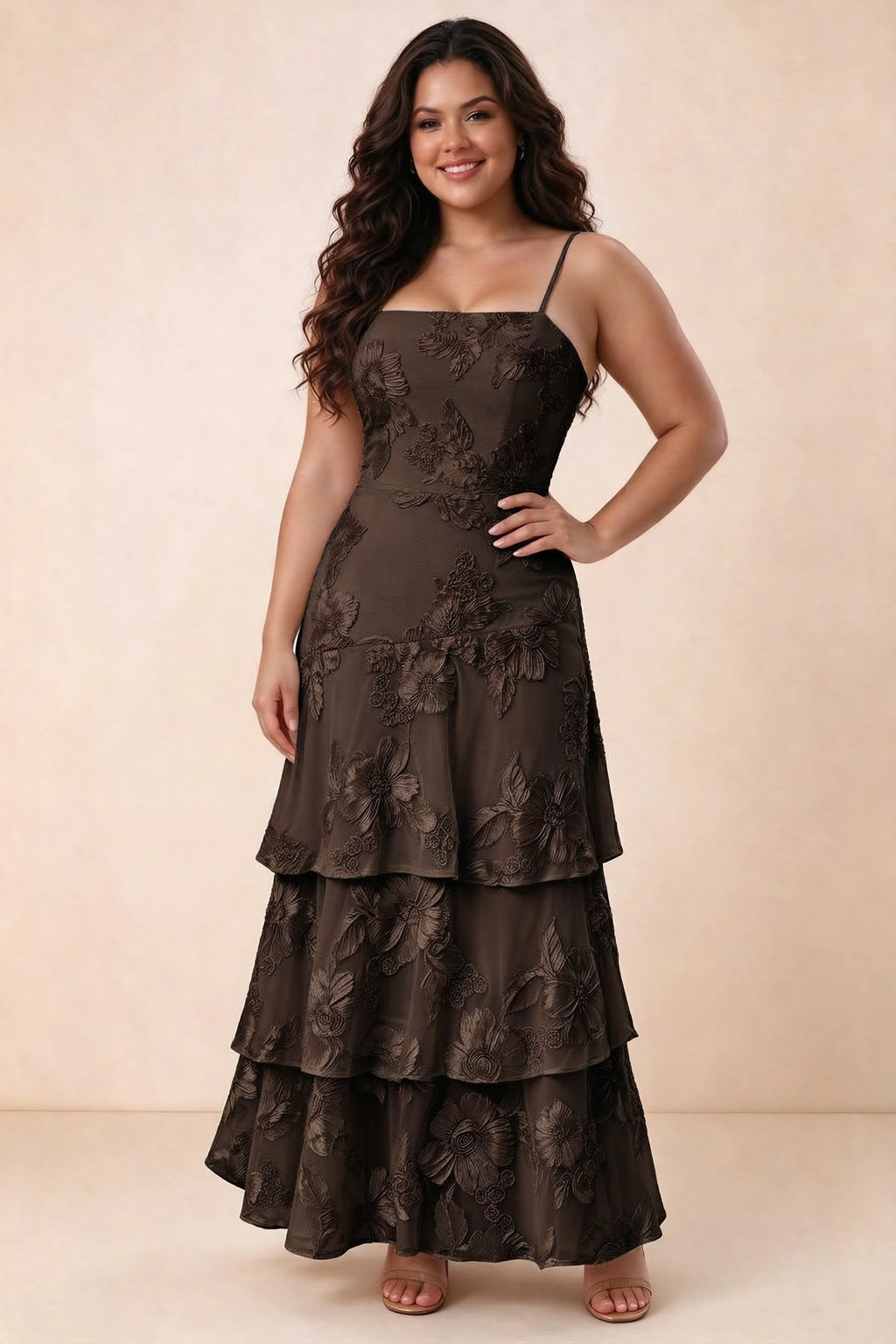 Front studio view of Bonnie chocolate maxi dress showing the straight neckline and floral layers
