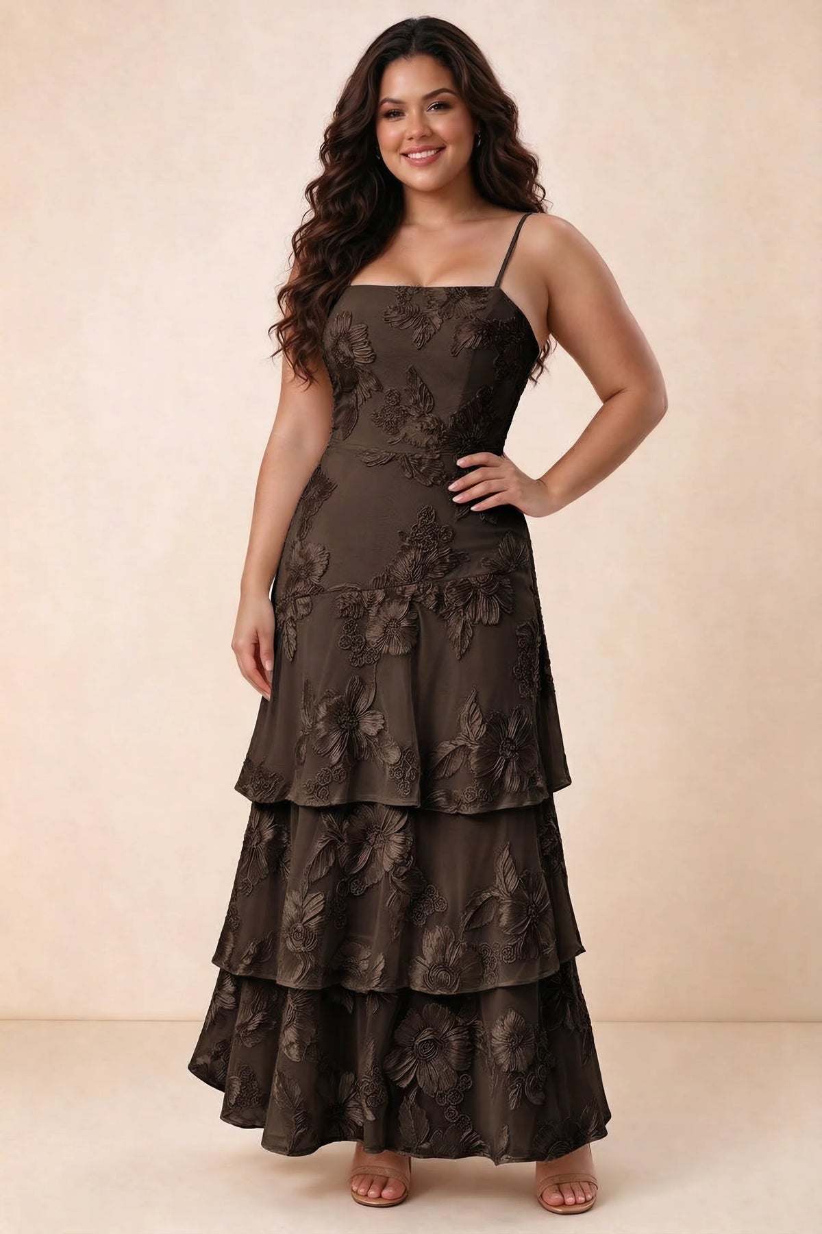 Front studio view of Bonnie chocolate maxi dress showing the straight neckline and floral layers