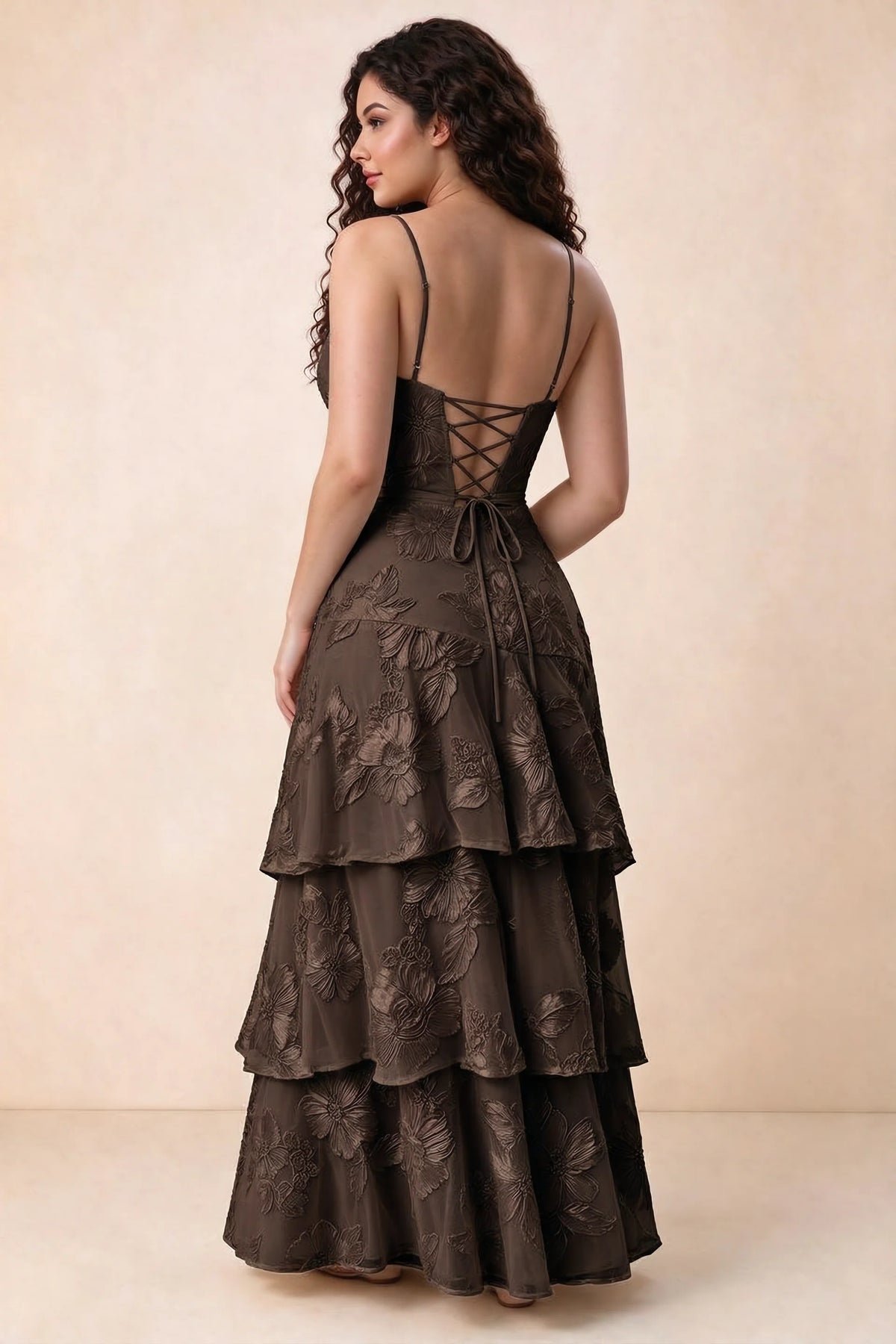 Rear studio view of Bonnie chocolate dress showing three overlapping tiers and an ankle-length hem