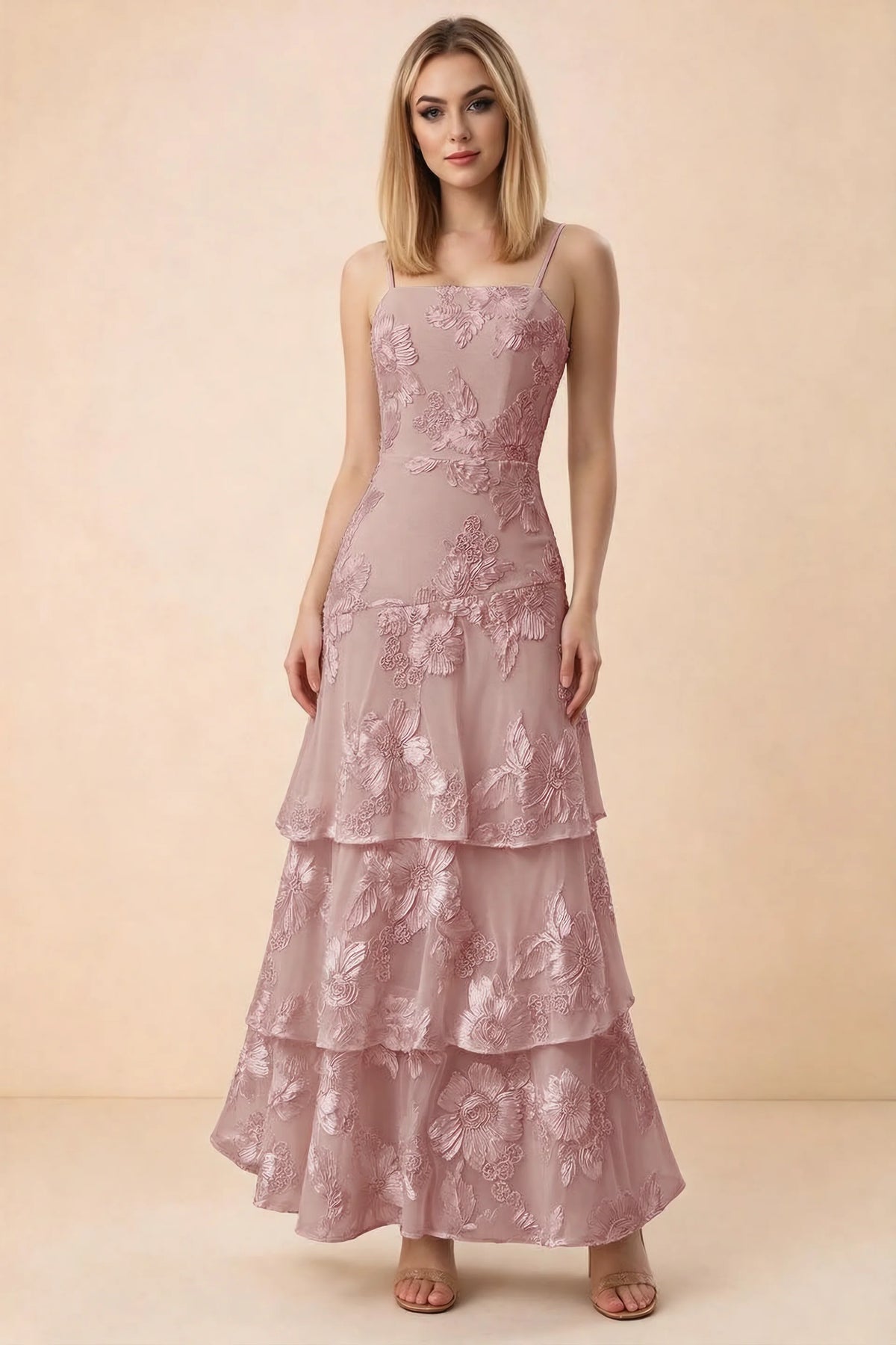 Front studio view of Bonnie dusty lilac floral lace maxi dress with thin straps and three ruffle tiers