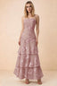 Front studio view of Bonnie dusty lilac floral lace maxi dress with thin straps and three ruffle tiers