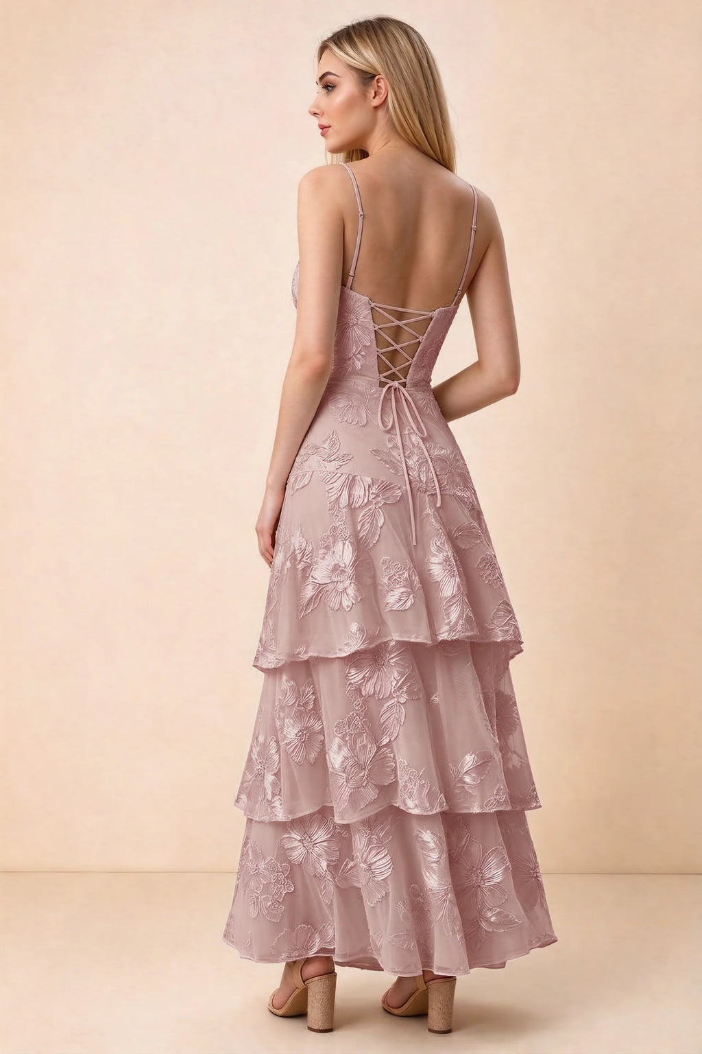 Rear studio view of Bonnie dusty lilac dress showing adjustable straps, back lacing and tiered ruffles