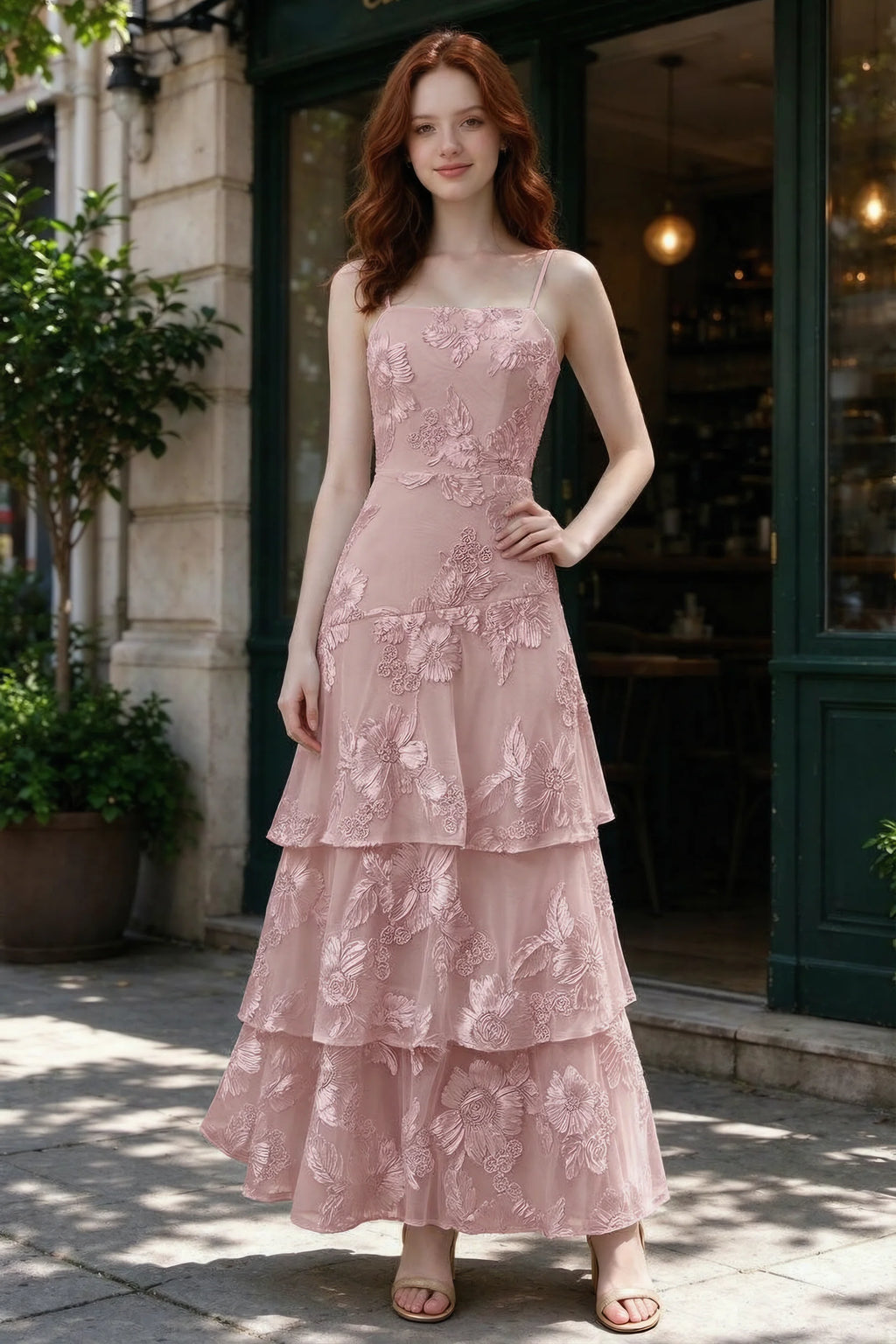 Outdoor front view of Bonnie dusty lilac floral ruffle dress outside a cafe