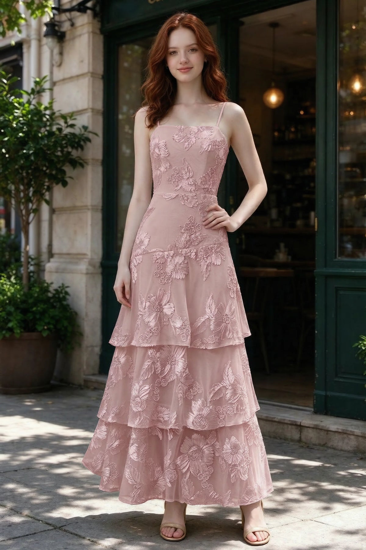 Outdoor front view of Bonnie dusty lilac floral ruffle dress outside a cafe