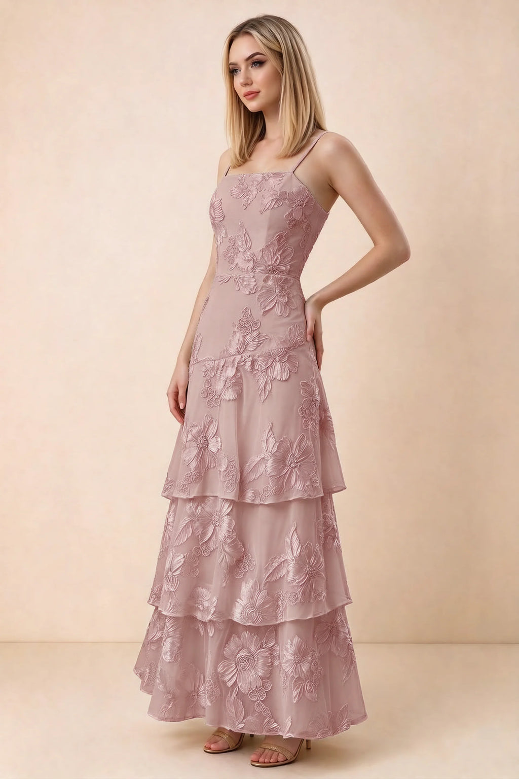Three-quarter studio view of Bonnie dusty lilac dress showing the fitted waist and flared ruffle tiers