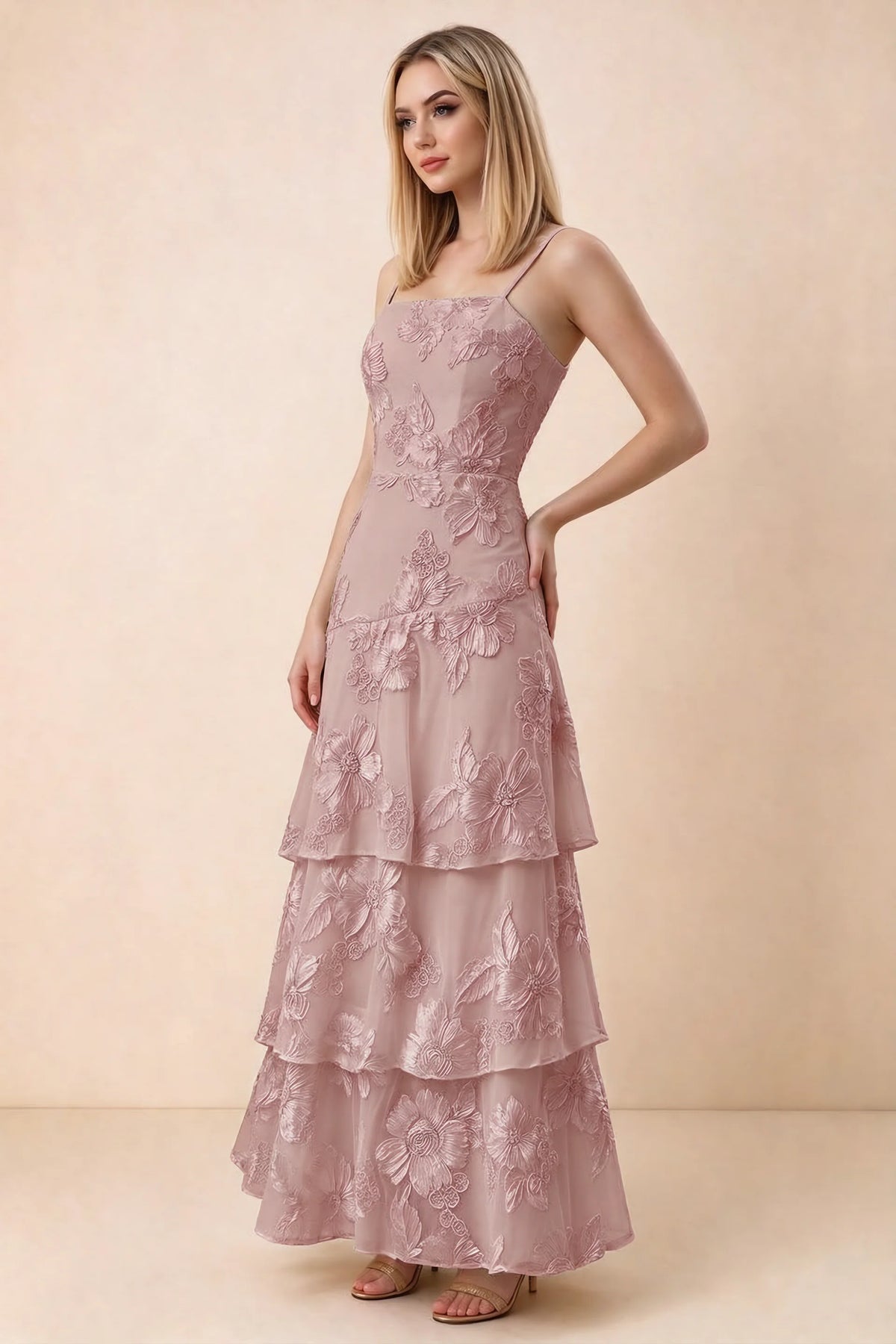 Three-quarter studio view of Bonnie dusty lilac dress showing the fitted waist and flared ruffle tiers