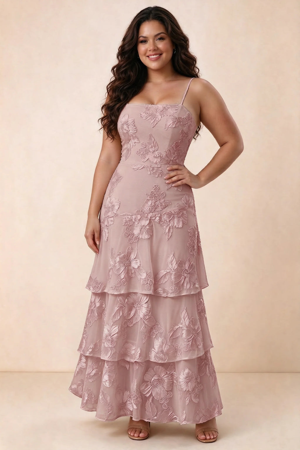 Front studio view of Bonnie dusty lilac maxi dress showing the straight neckline and floral layers