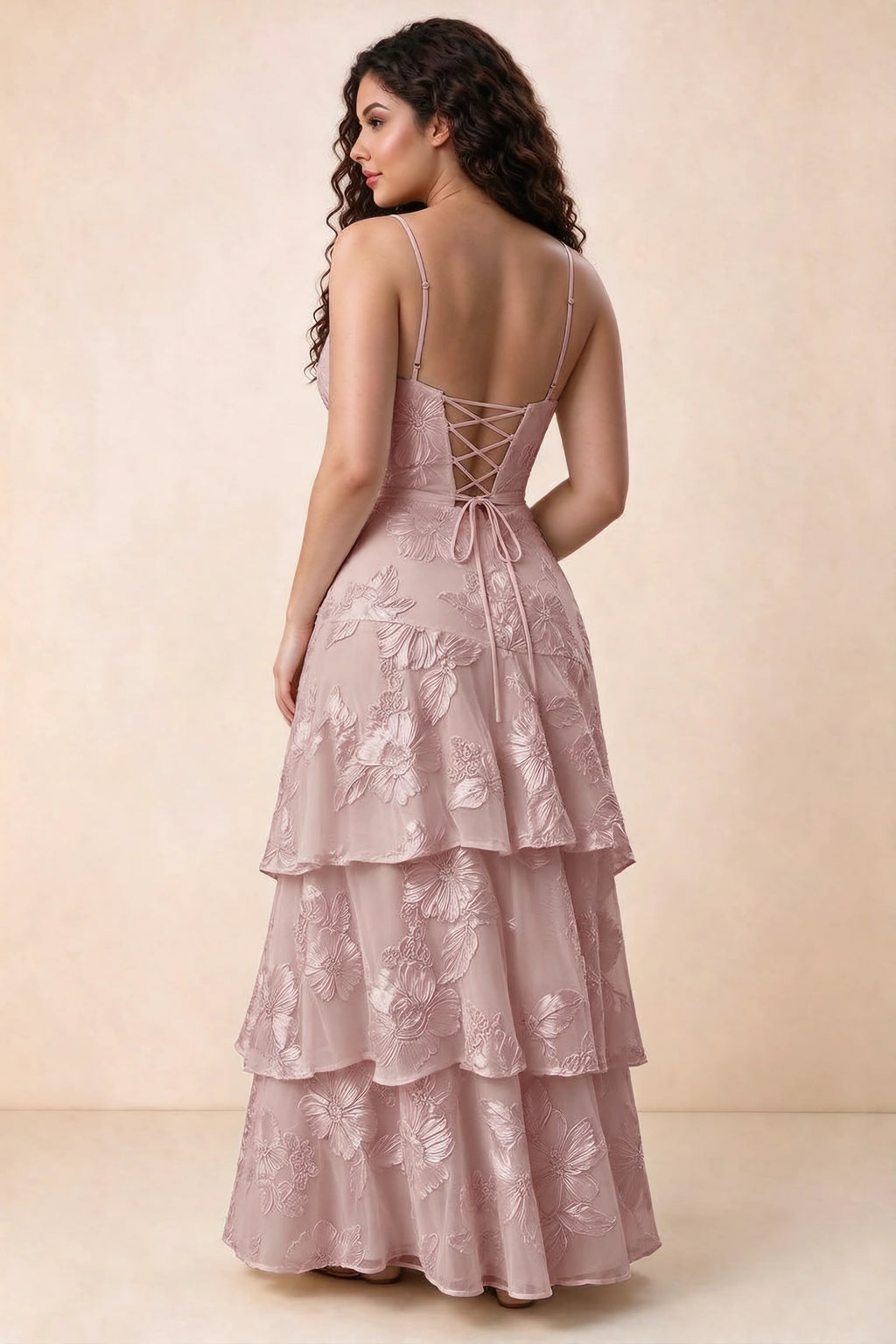 Rear studio view of Bonnie dusty lilac dress showing three overlapping tiers and an ankle-length hem