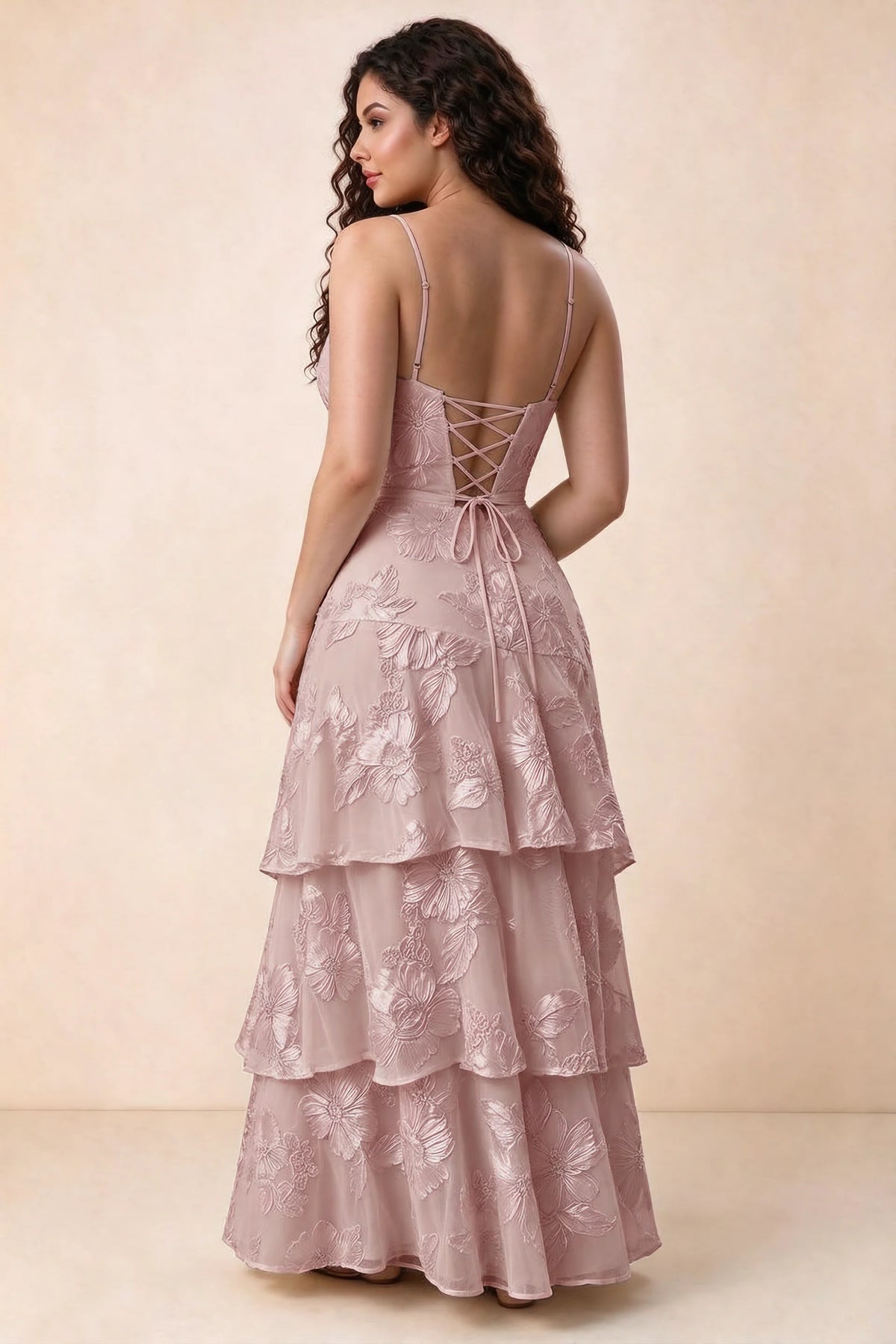 Rear studio view of Bonnie dusty lilac dress showing three overlapping tiers and an ankle-length hem