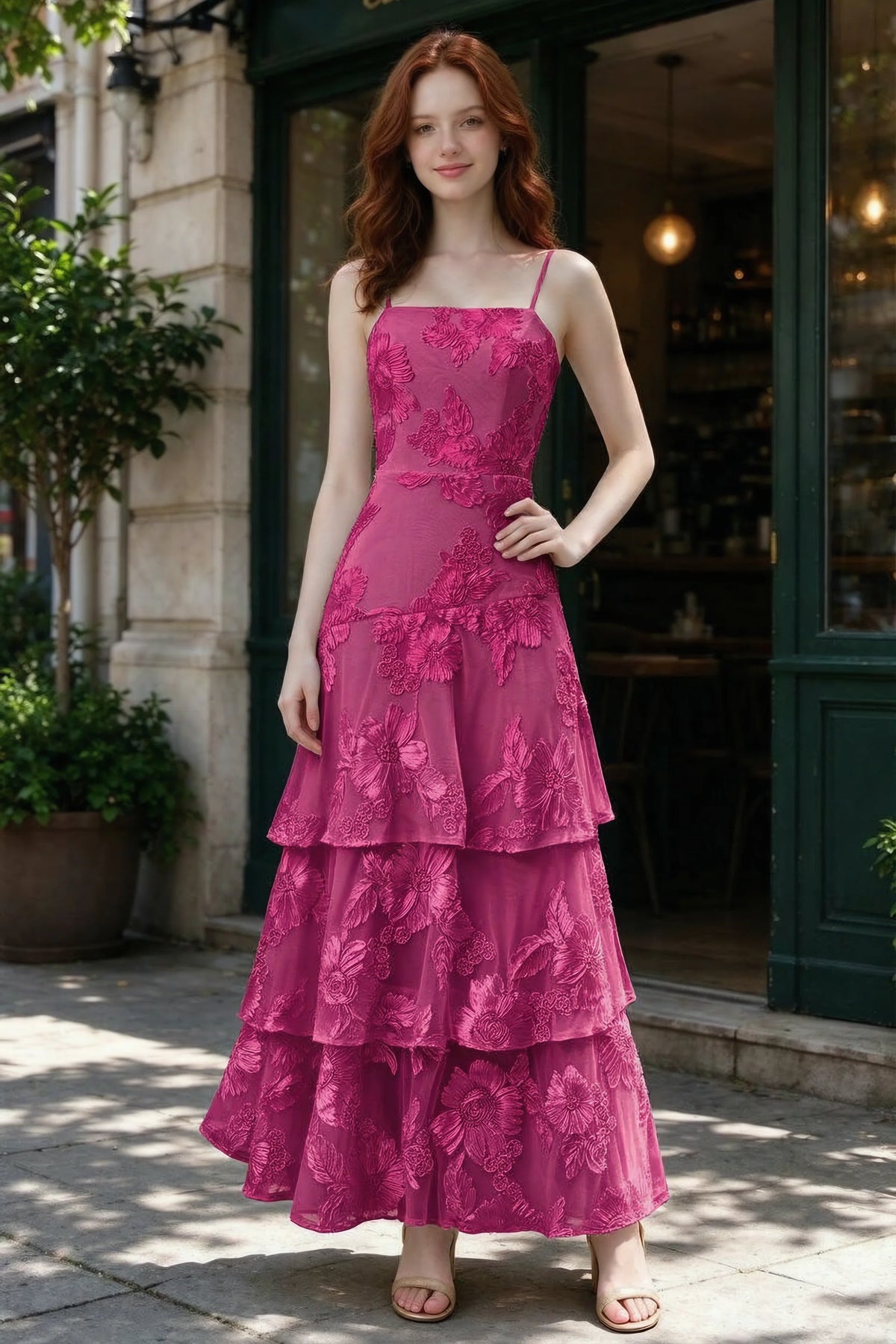Outdoor front view of Bonnie fuchsia floral ruffle dress outside a cafe