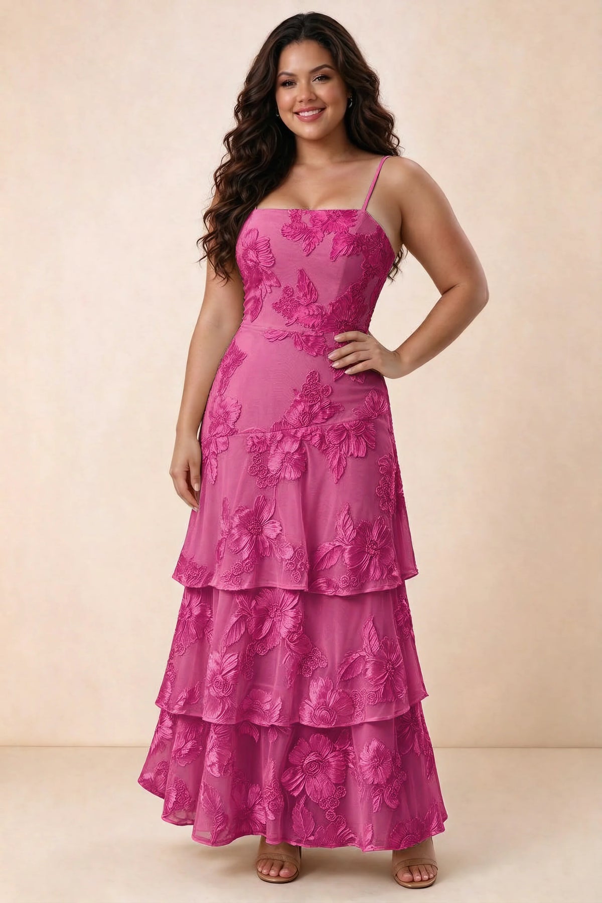 Front studio view of Bonnie fuchsia maxi dress showing the straight neckline and floral layers