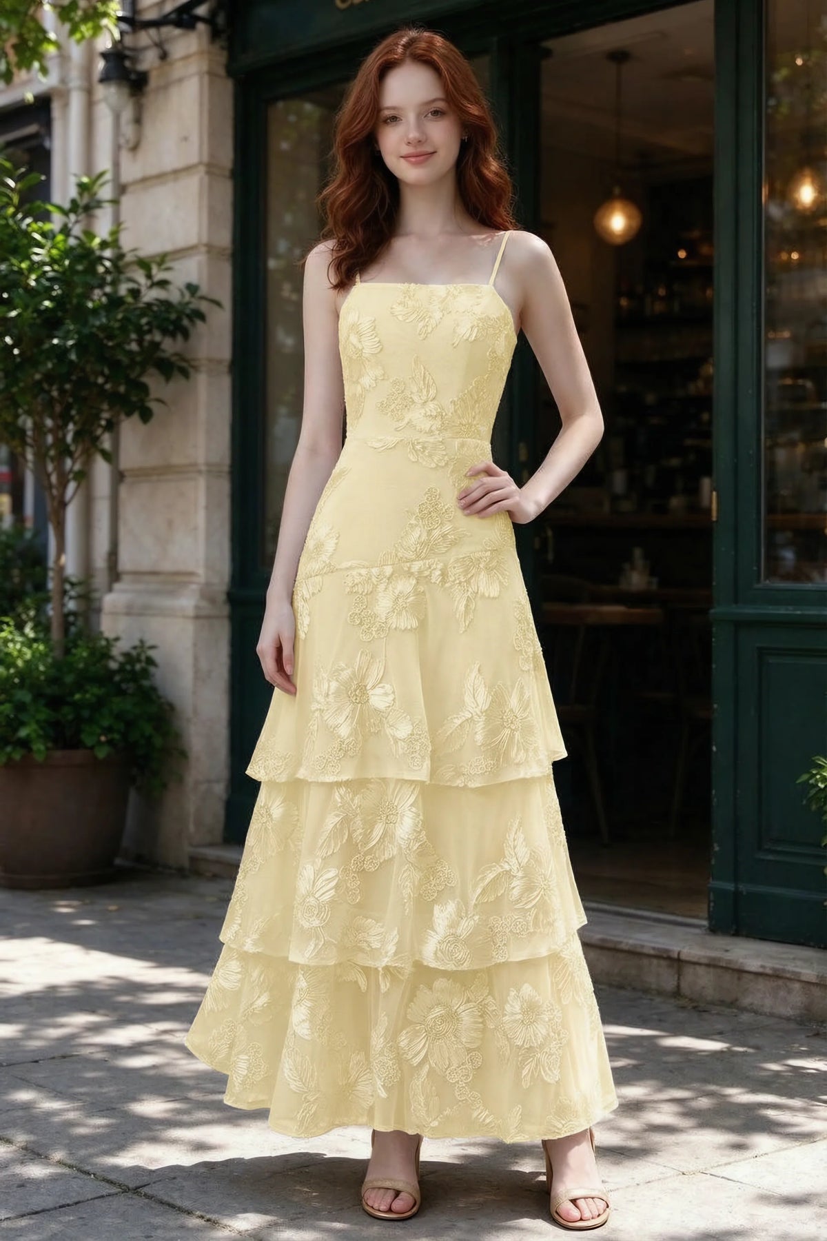 Outdoor front view of Bonnie lemon floral ruffle dress outside a cafe