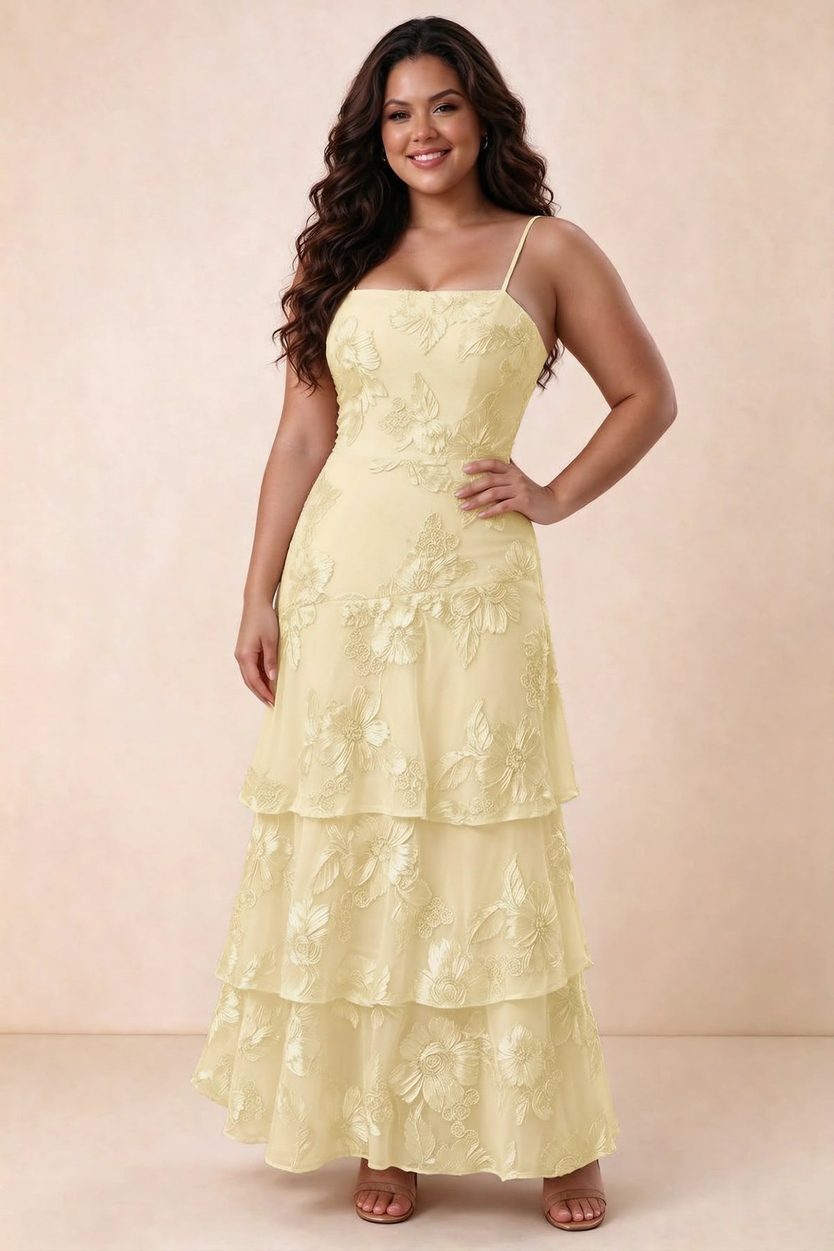 Front studio view of Bonnie lemon maxi dress showing the straight neckline and floral layers