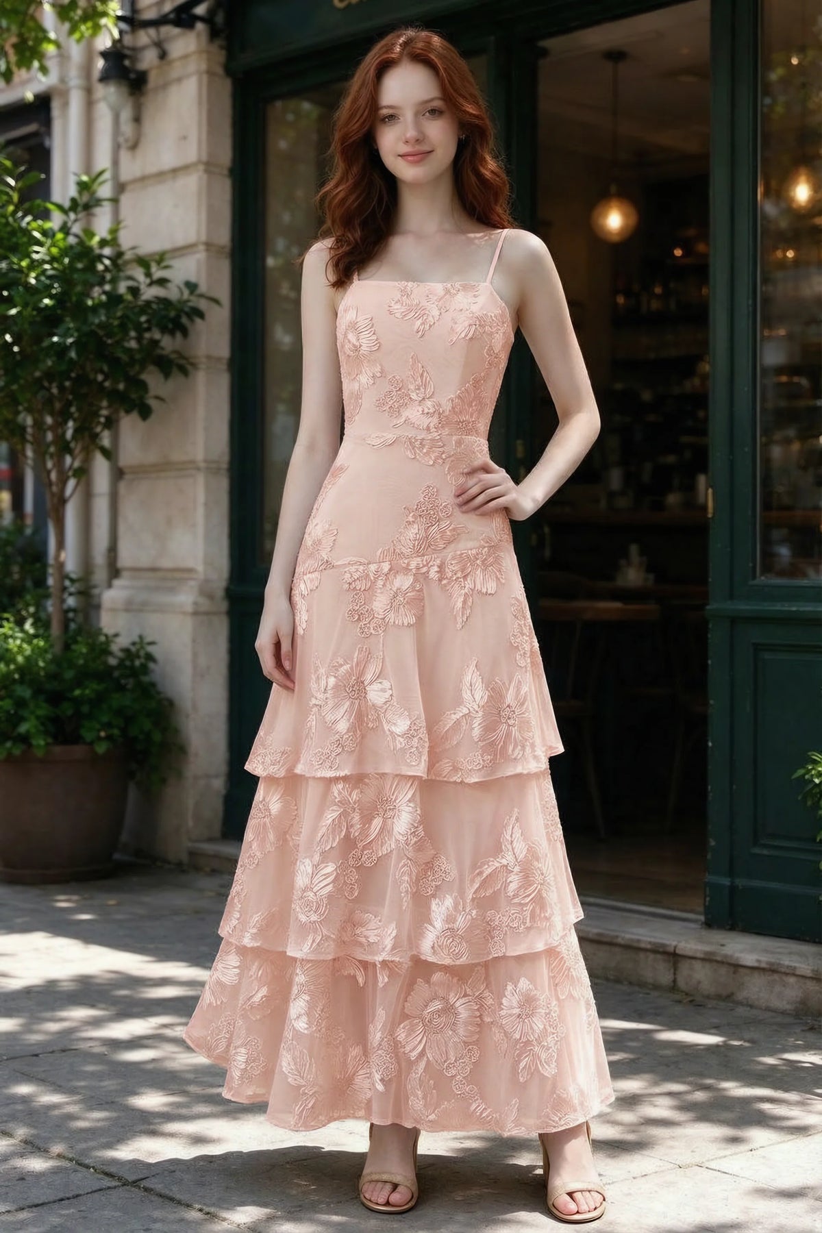 Outdoor front view of Bonnie light pink floral ruffle dress outside a cafe