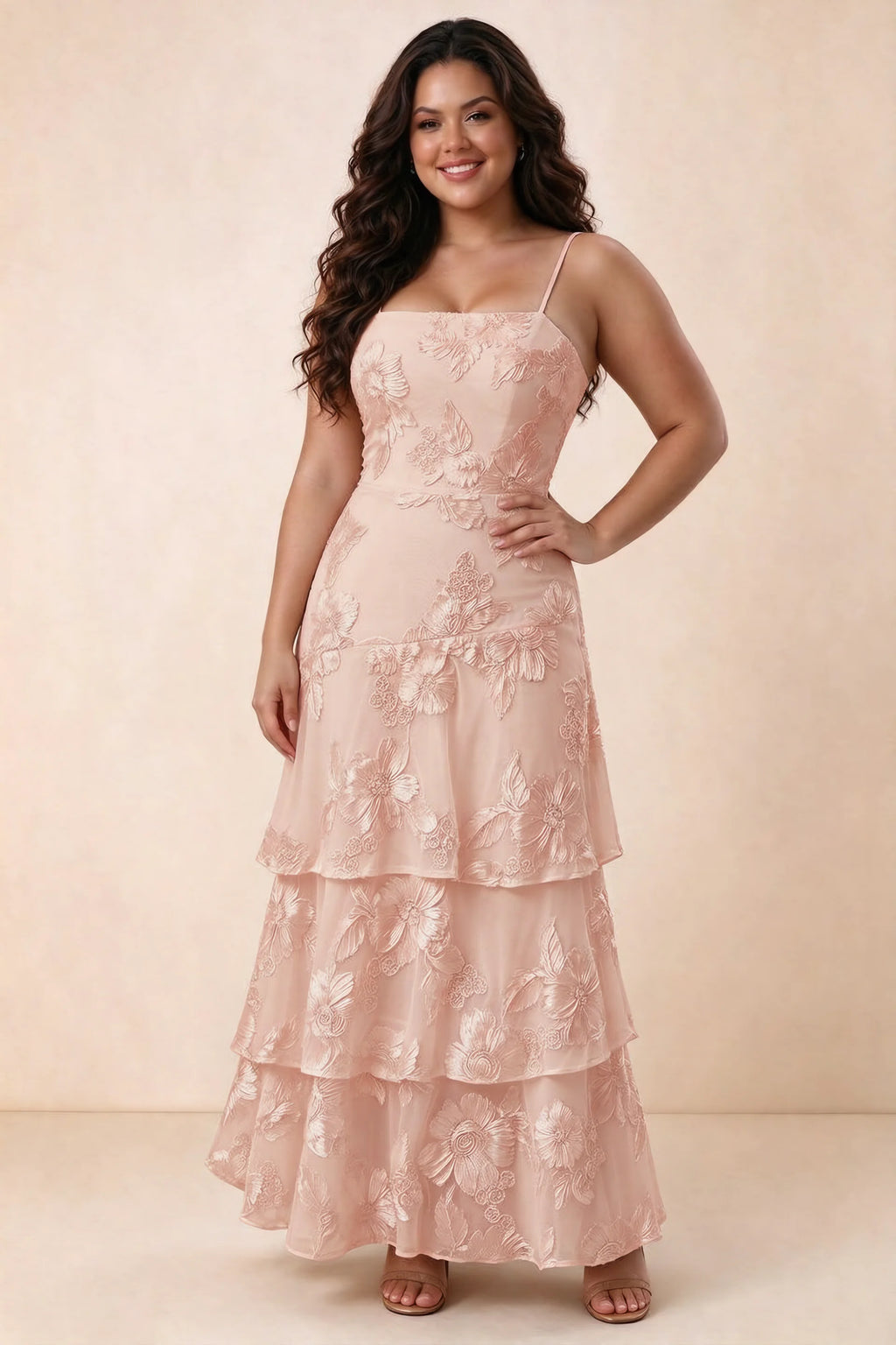 Front studio view of Bonnie light pink maxi dress showing the straight neckline and floral layers