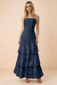 Front studio view of Bonnie navy floral lace maxi dress with thin straps and three ruffle tiers