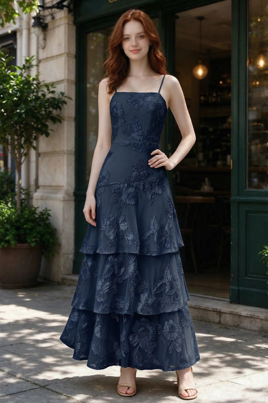 Outdoor front view of Bonnie navy floral ruffle dress outside a cafe