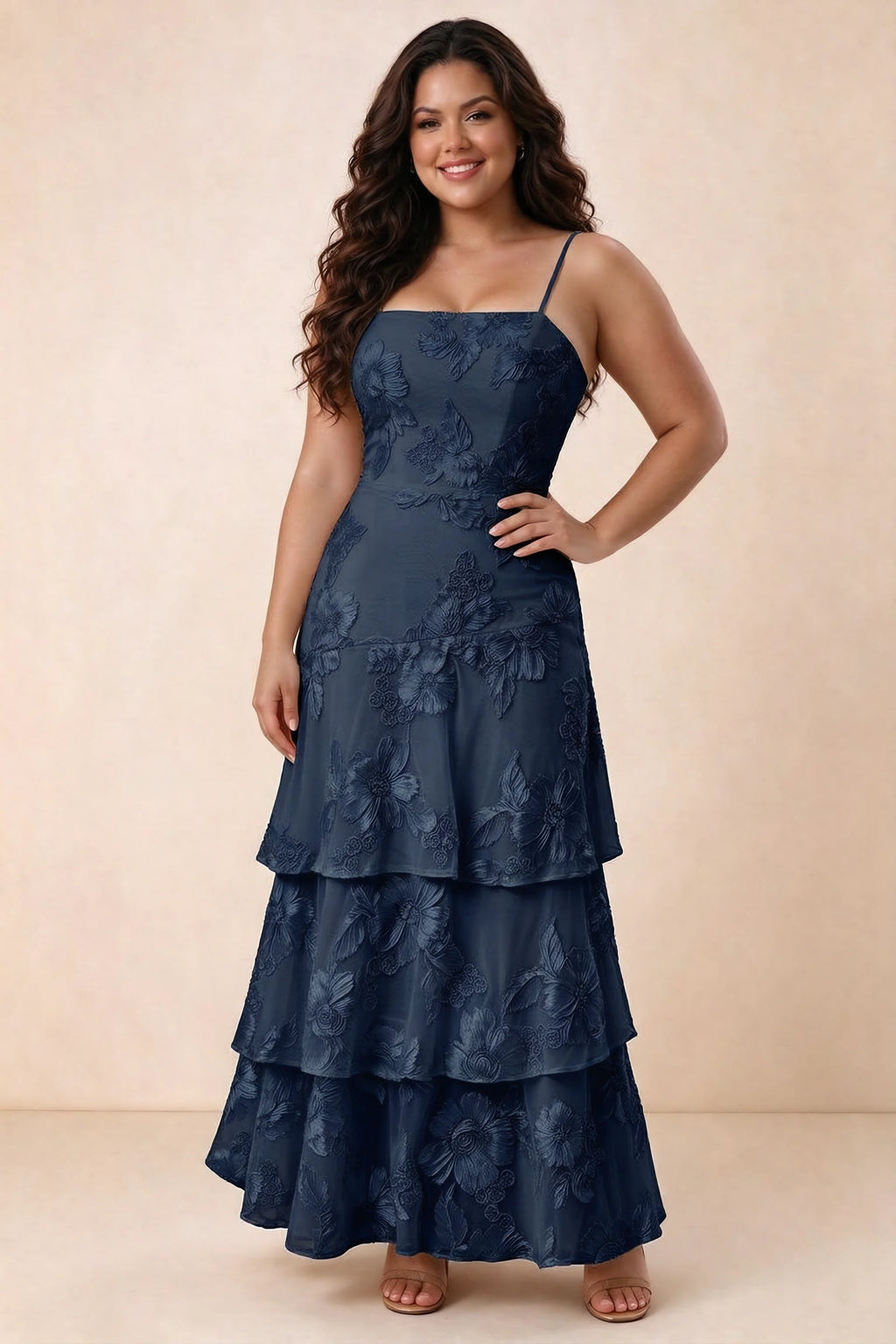 Front studio view of Bonnie navy maxi dress showing the straight neckline and floral layers