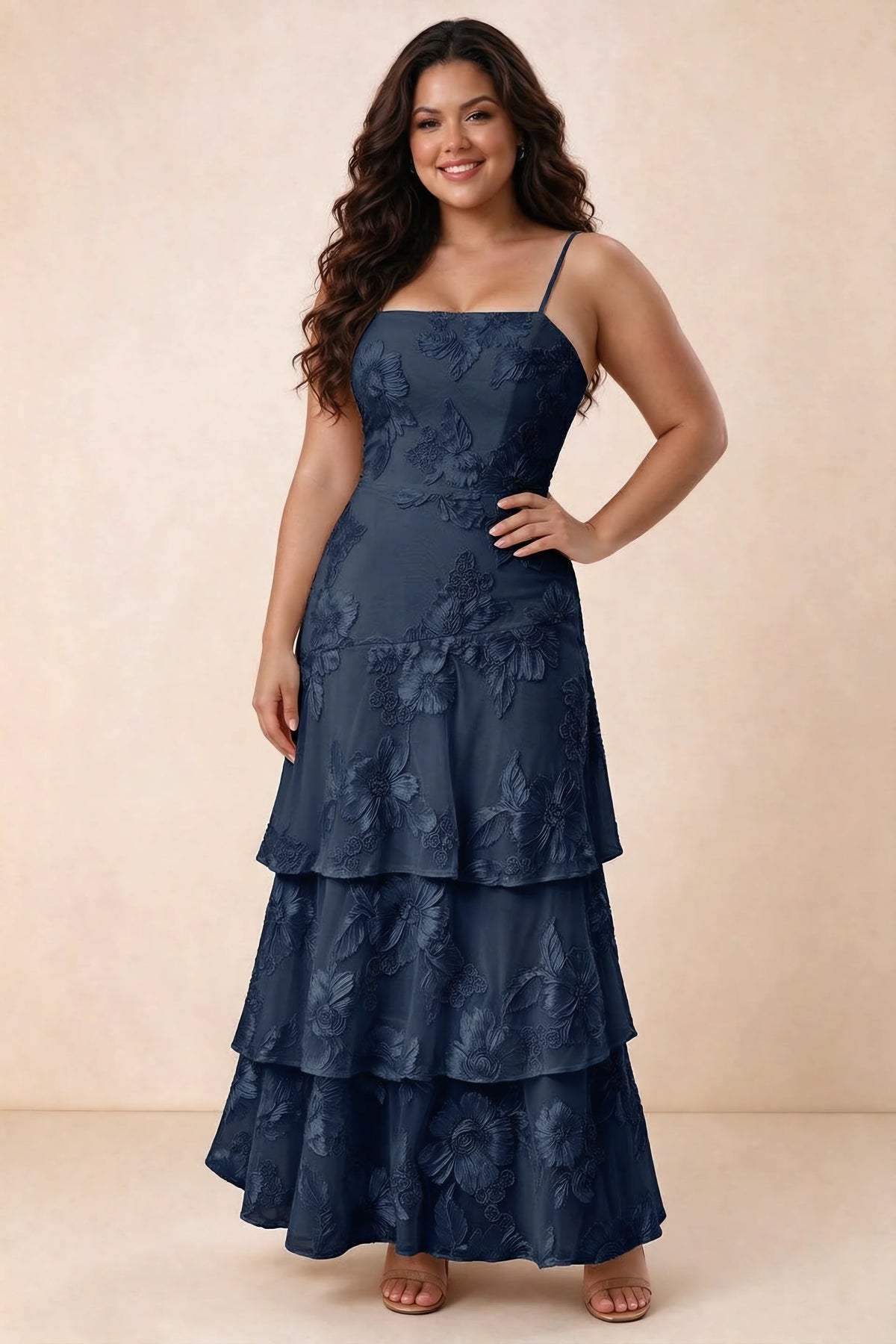 Front studio view of Bonnie navy maxi dress showing the straight neckline and floral layers