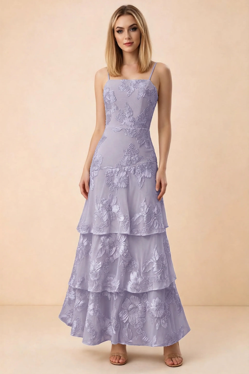 Front studio view of Bonnie pale purple floral lace maxi dress with thin straps and three ruffle tiers