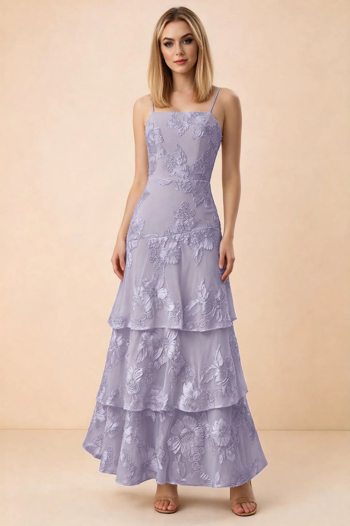 Front studio view of Bonnie pale purple floral lace maxi dress with thin straps and three ruffle tiers