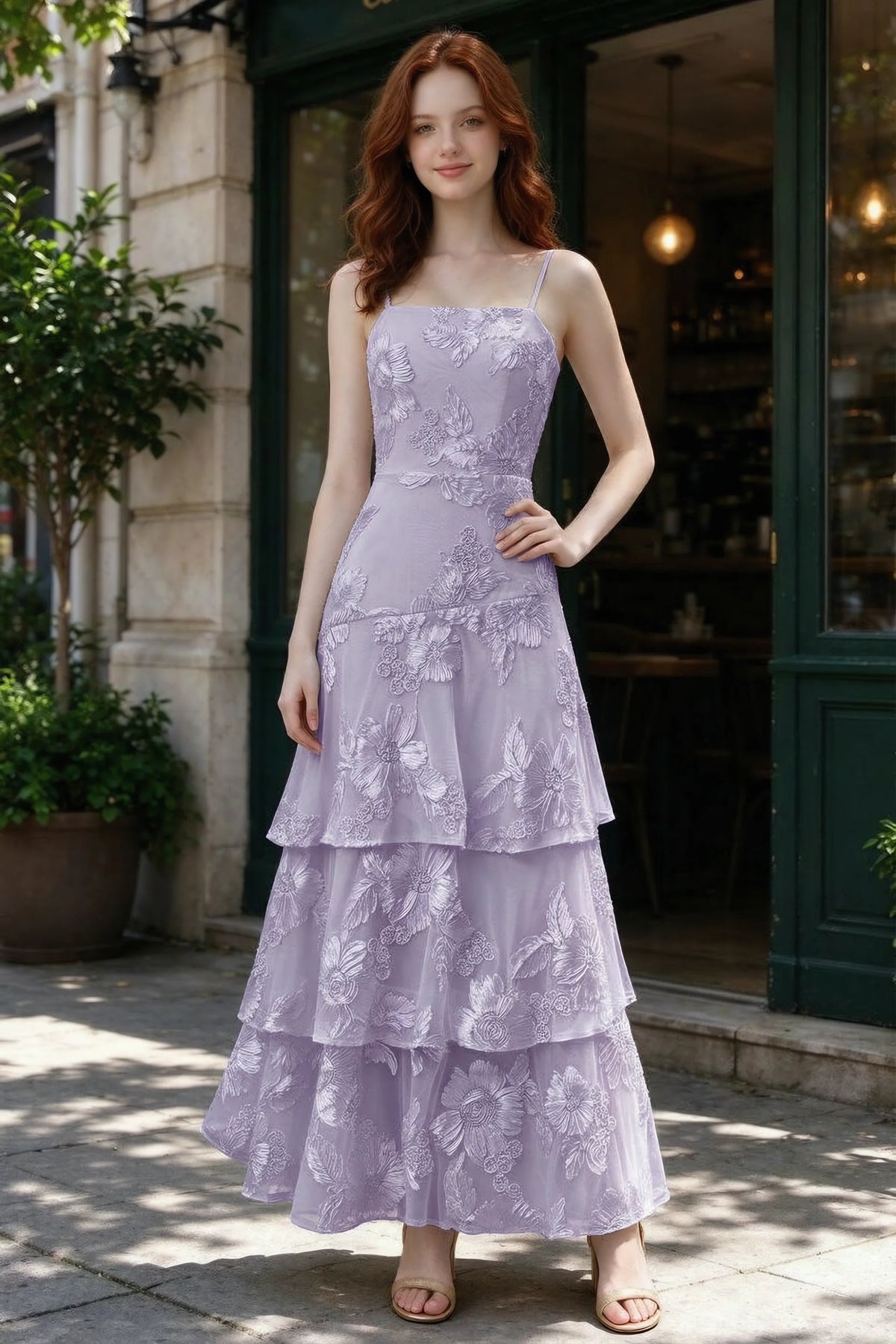 Outdoor front view of Bonnie pale purple floral ruffle dress outside a cafe