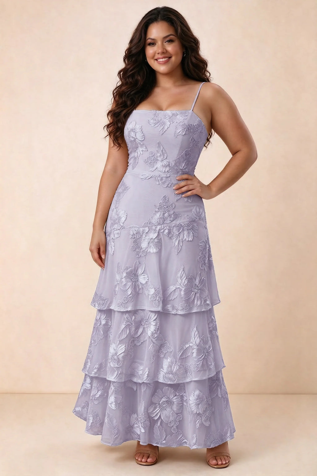 Front studio view of Bonnie pale purple maxi dress showing the straight neckline and floral layers