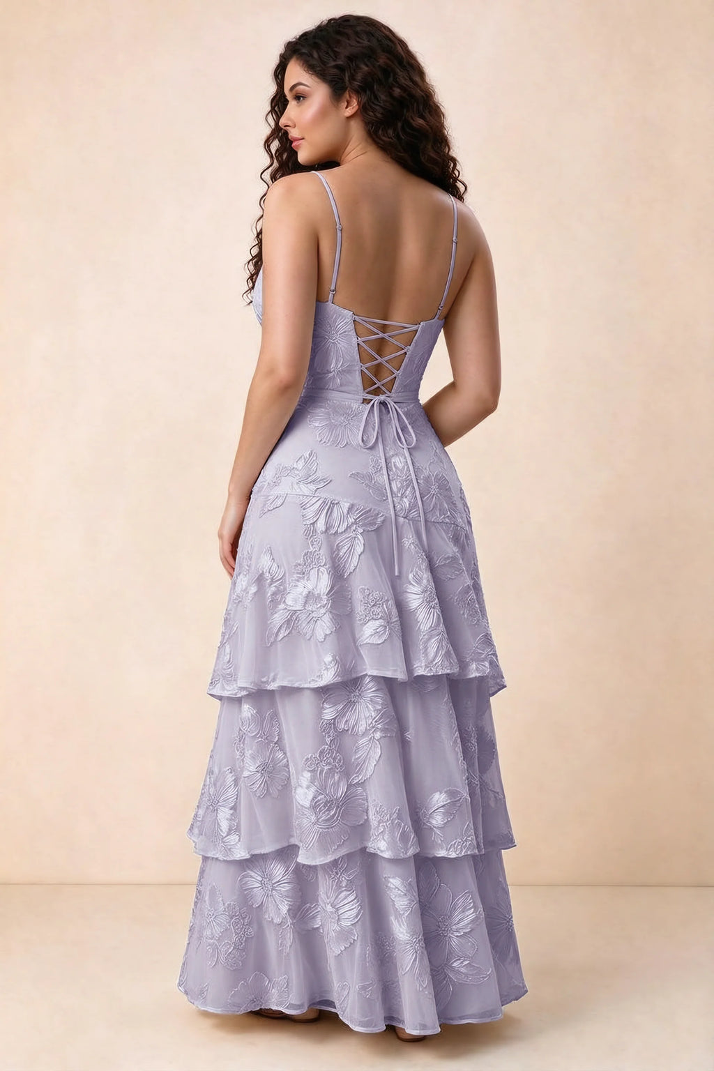 Rear studio view of Bonnie pale purple dress showing three overlapping tiers and an ankle-length hem
