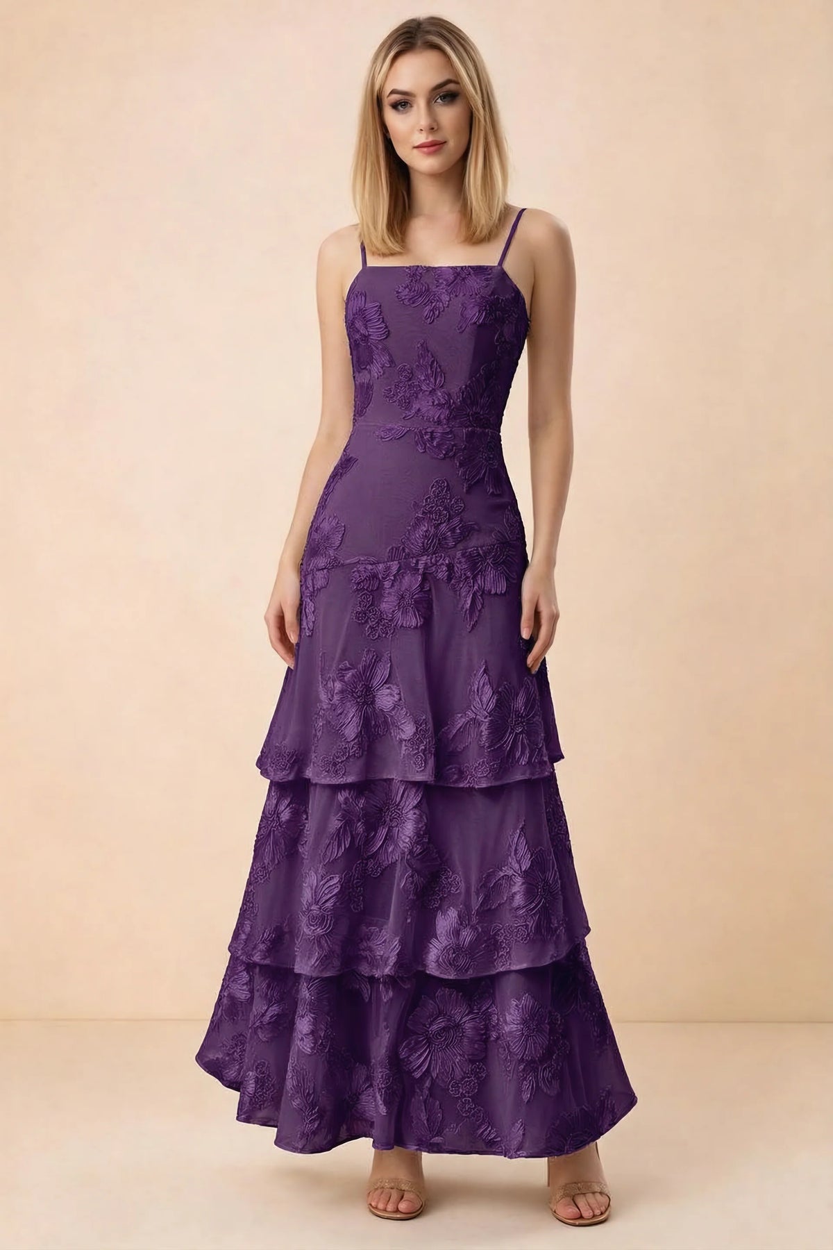 Front studio view of Bonnie plum floral lace maxi dress with thin straps and three ruffle tiers