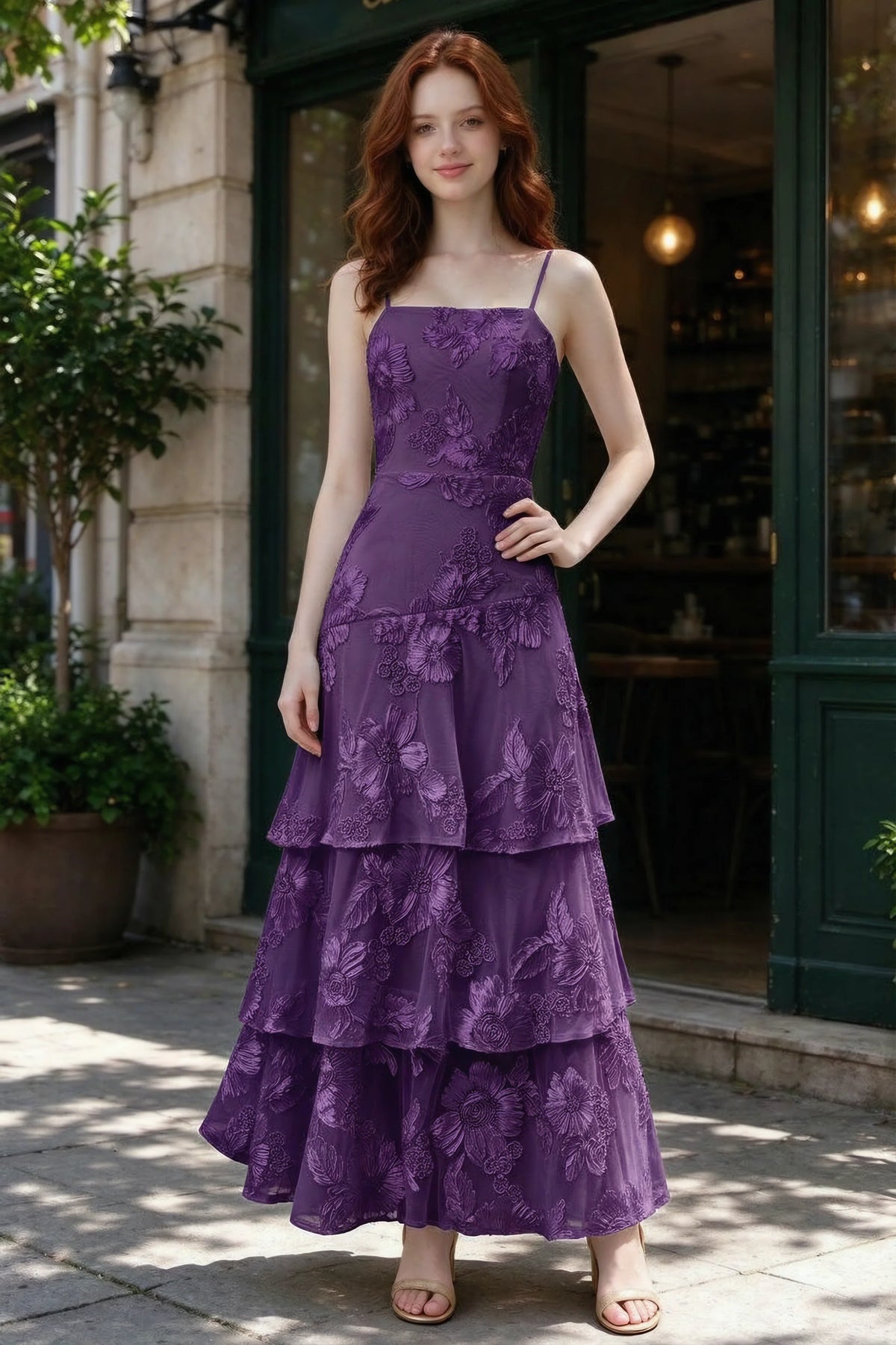 Outdoor front view of Bonnie plum floral ruffle dress outside a cafe