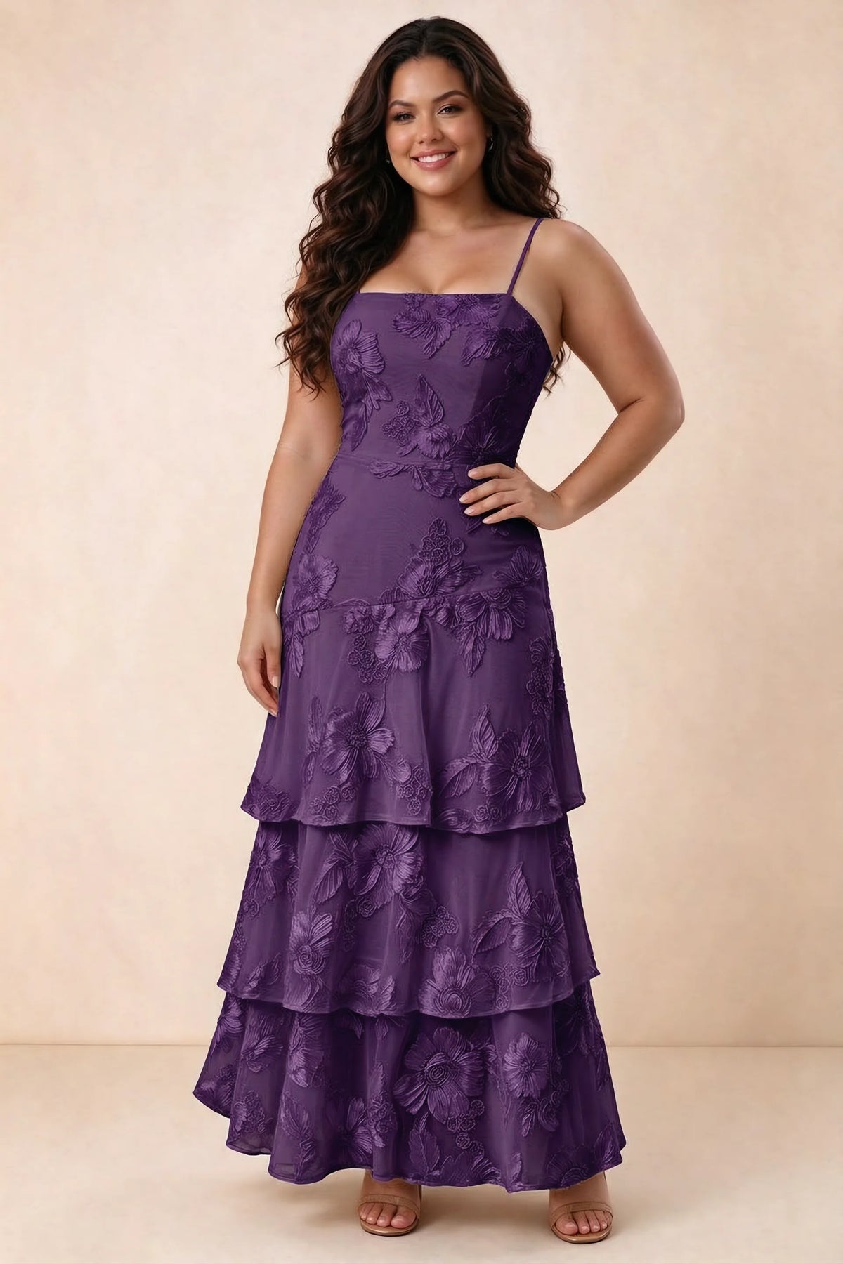 Front studio view of Bonnie plum maxi dress showing the straight neckline and floral layers