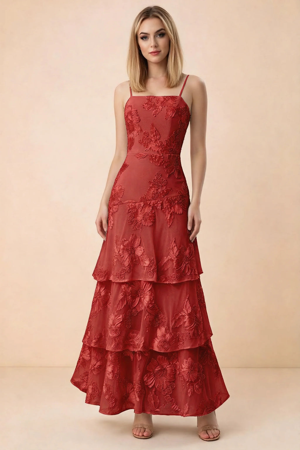 Front studio view of Bonnie red floral lace maxi dress with thin straps and three ruffle tiers