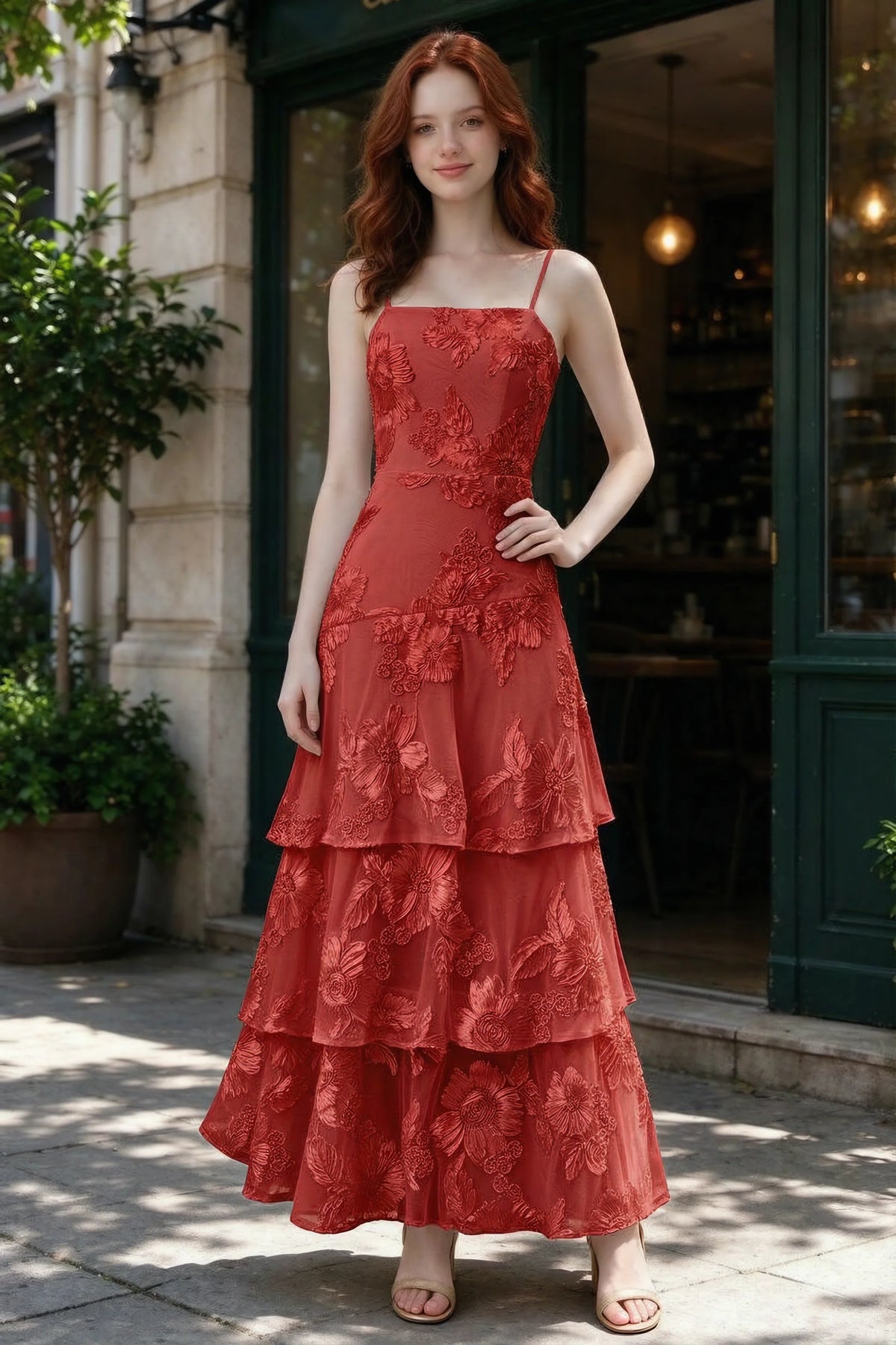 Outdoor front view of Bonnie red floral ruffle dress outside a cafe