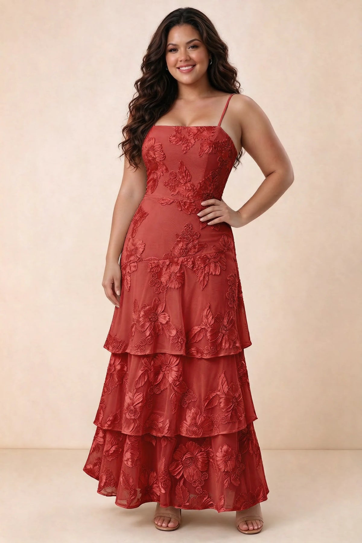 Front studio view of Bonnie red maxi dress showing the straight neckline and floral layers