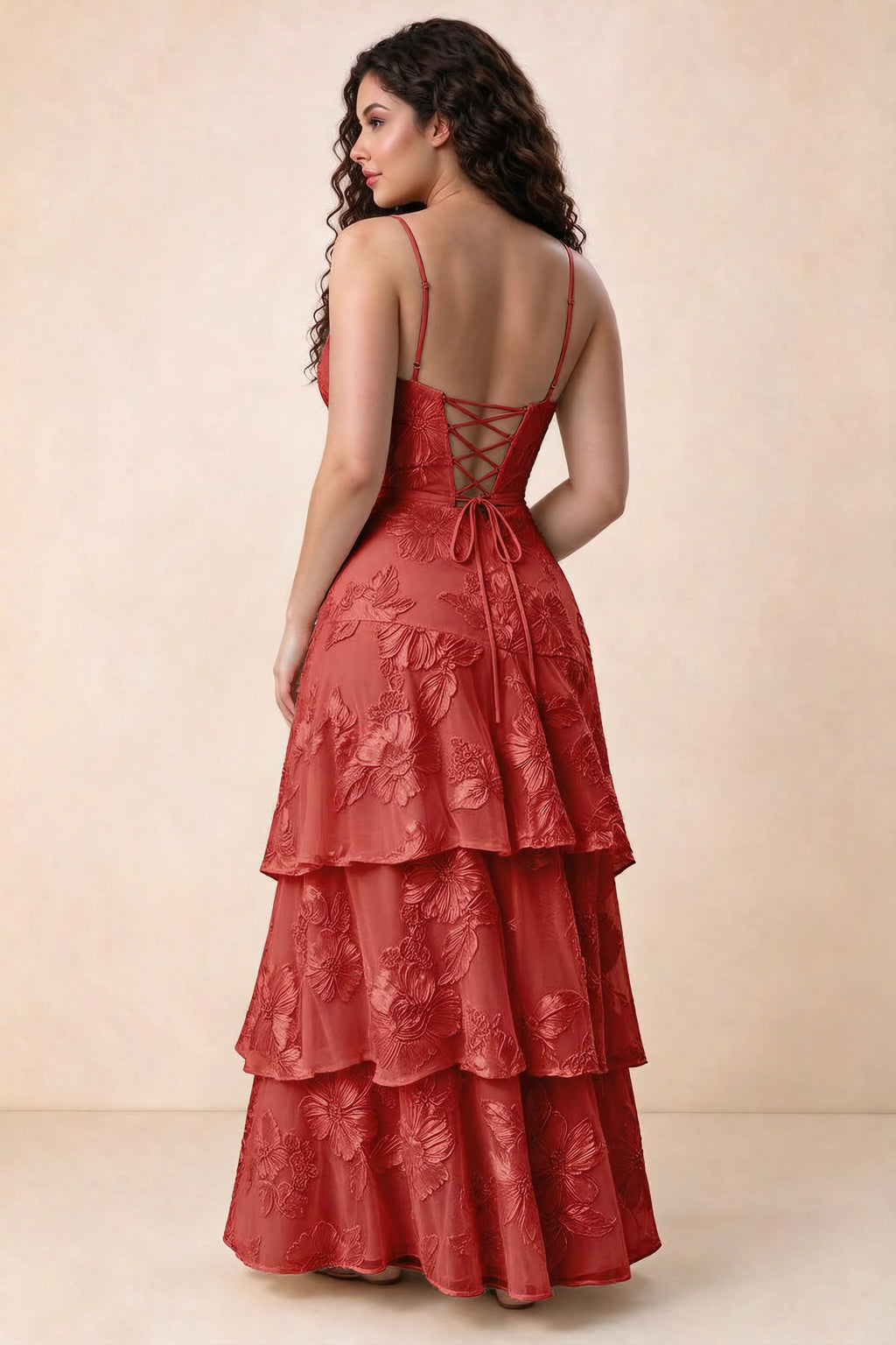 Rear studio view of Bonnie red dress showing three overlapping tiers and an ankle-length hem