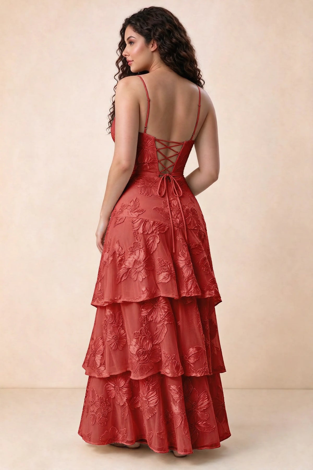 Rear studio view of Bonnie red dress showing three overlapping tiers and an ankle-length hem