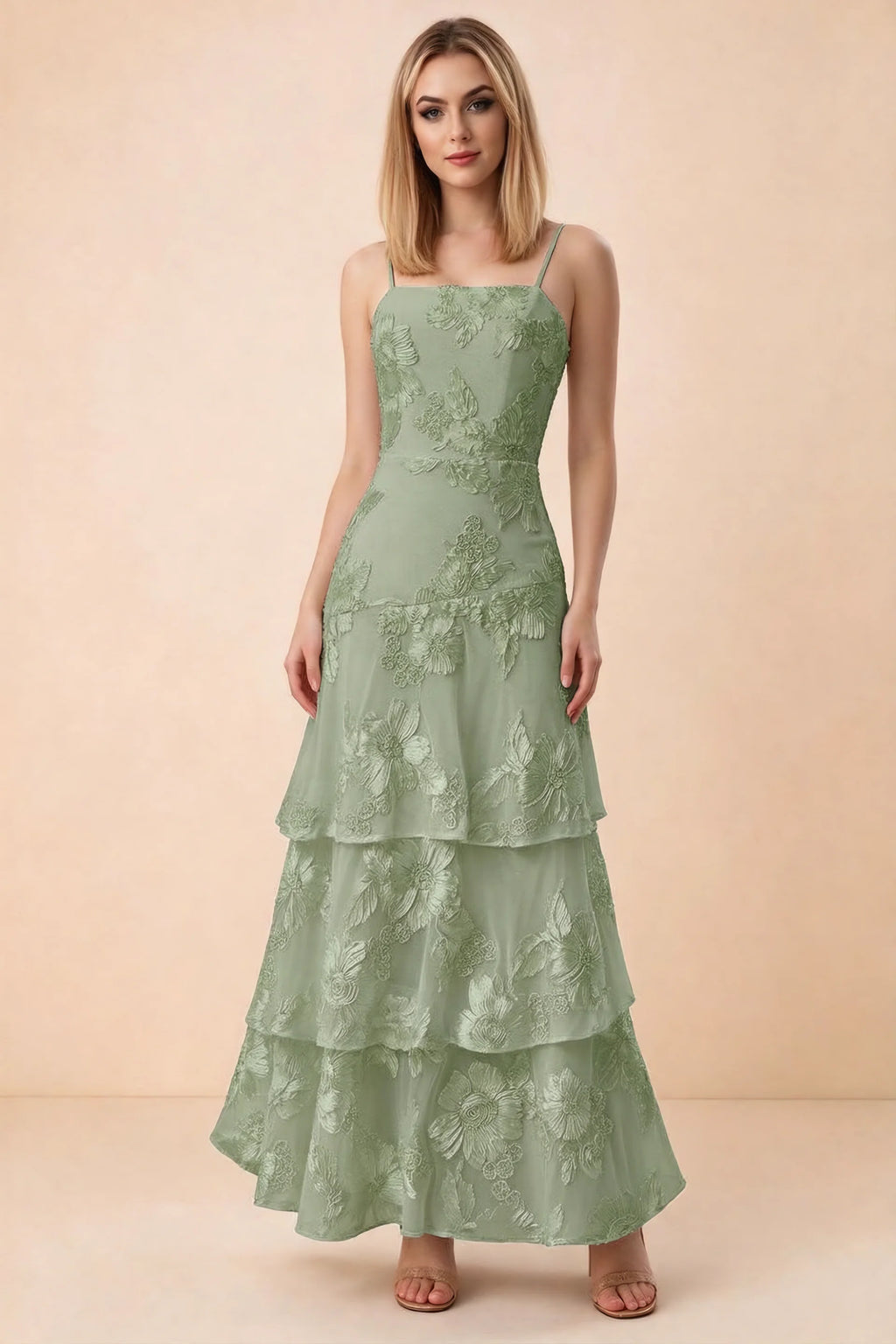 Front studio view of Bonnie sage green floral lace maxi dress with thin straps and three ruffle tiers