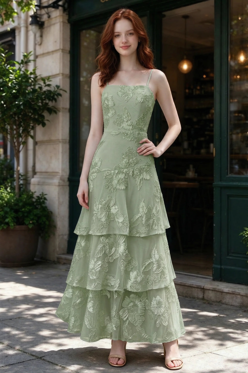Outdoor front view of Bonnie sage green floral ruffle dress outside a cafe