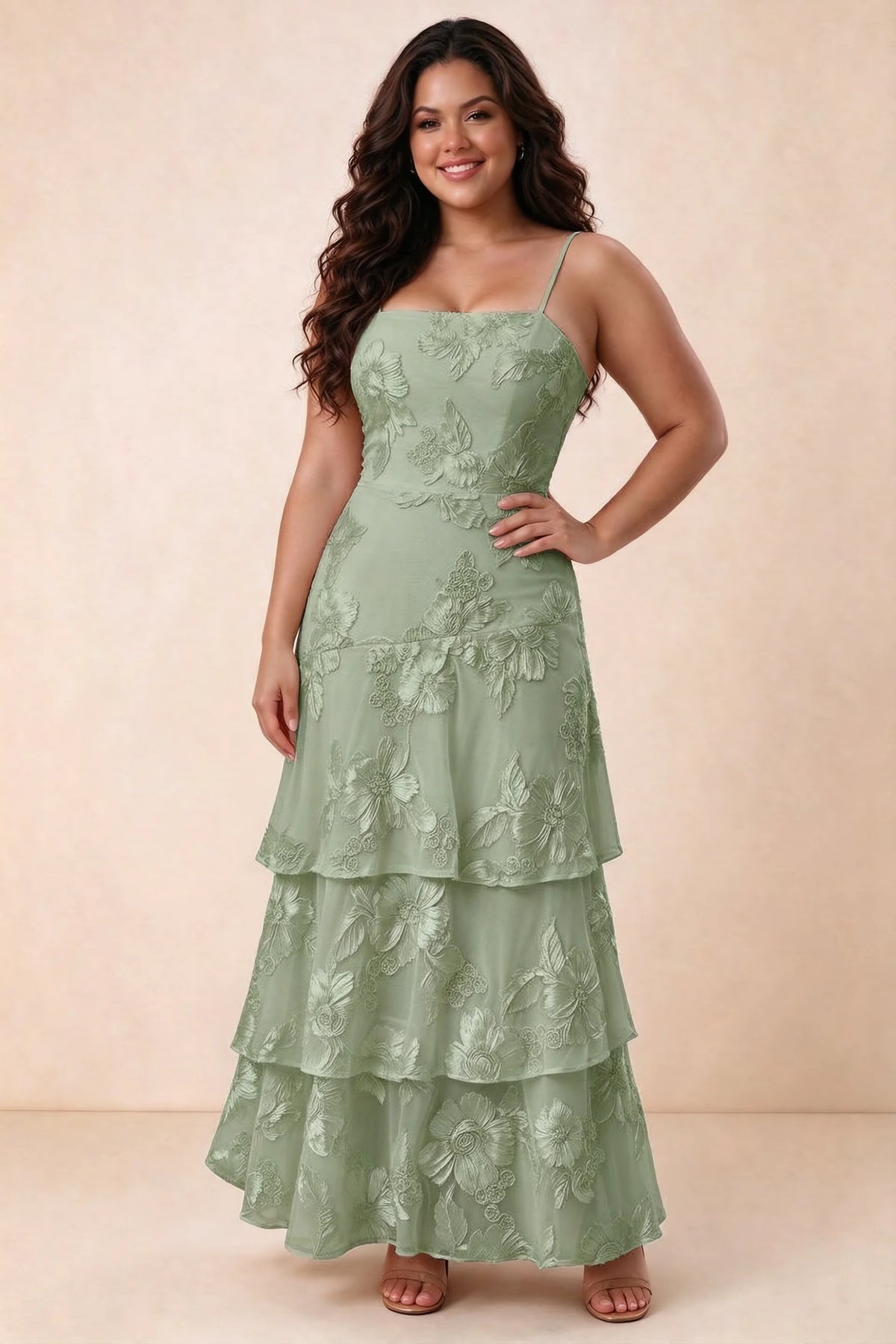 Front studio view of Bonnie sage green maxi dress showing the straight neckline and floral layers
