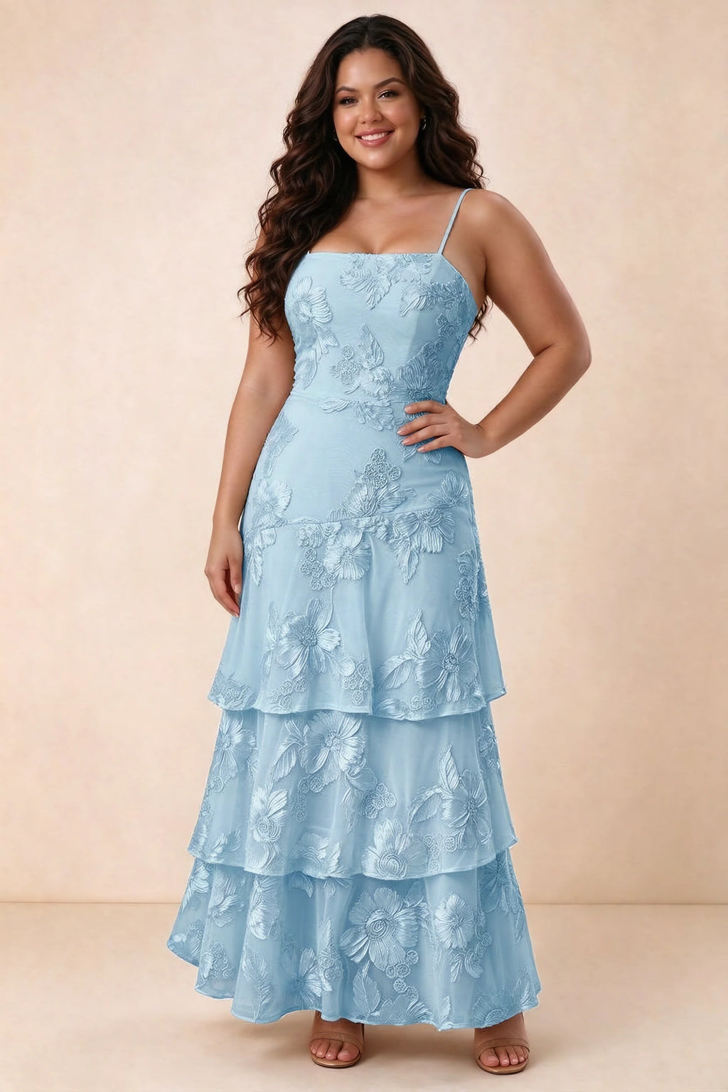 Front studio view of Bonnie sky blue maxi dress showing the straight neckline and floral layers