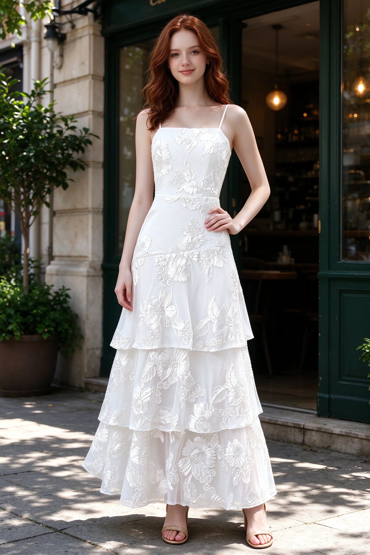Outdoor front view of Bonnie white floral ruffle dress outside a cafe