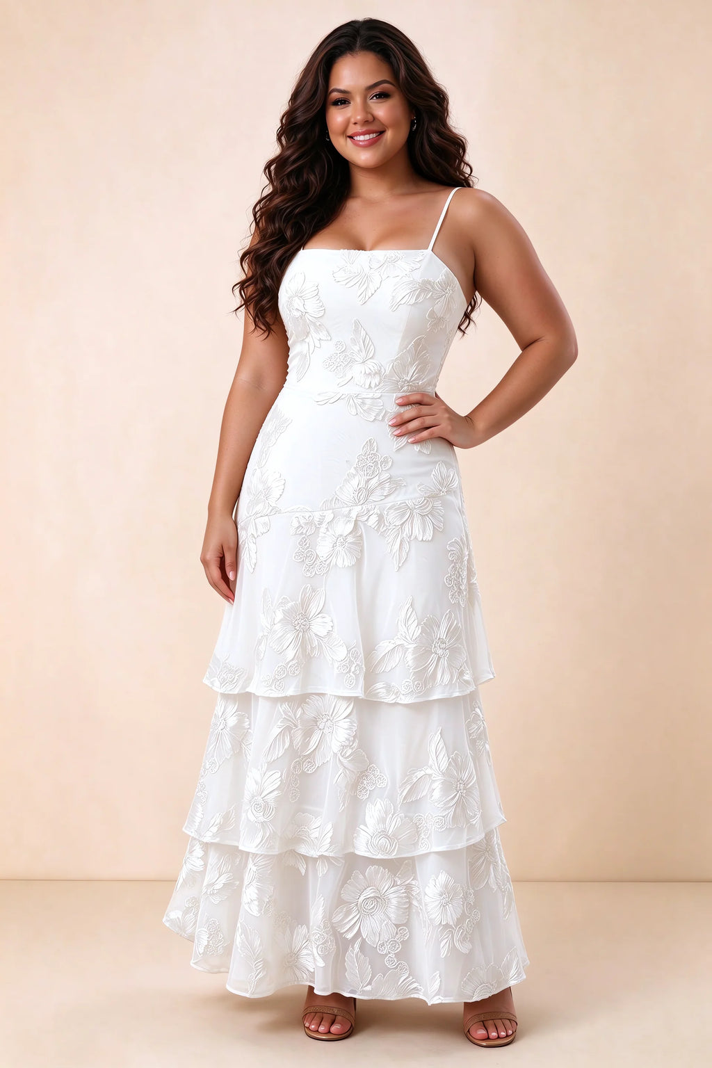 Front studio view of Bonnie white maxi dress showing the straight neckline and floral layers