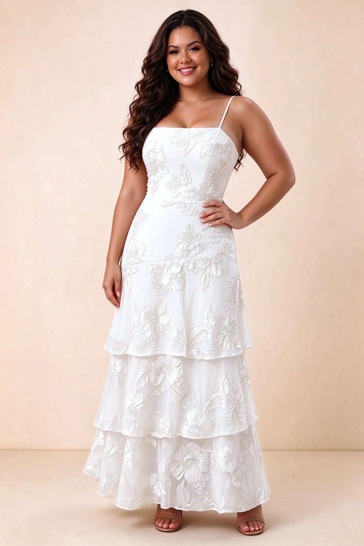Front studio view of Bonnie white maxi dress showing the straight neckline and floral layers